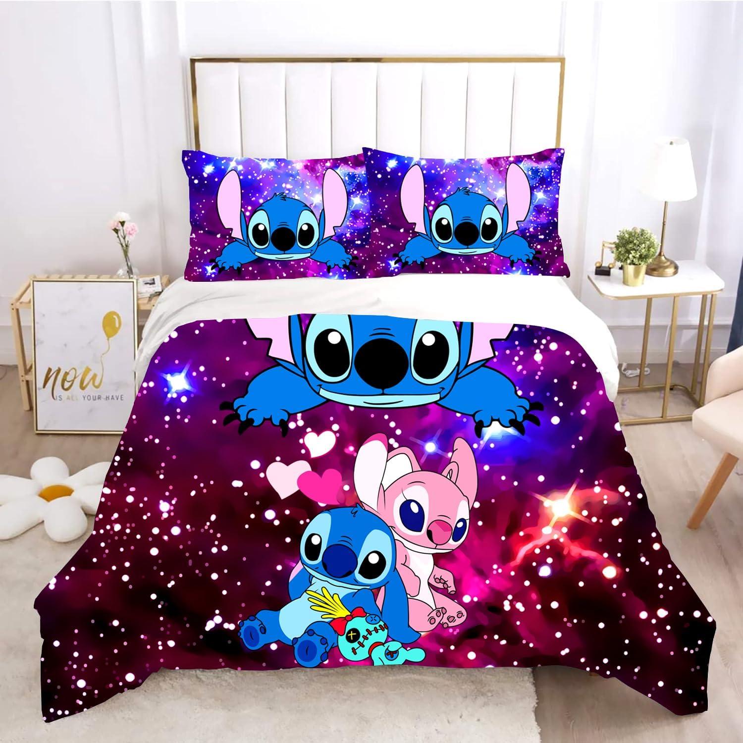 Twin Size Blue and Pink Cartoon Galaxy Bedding Set