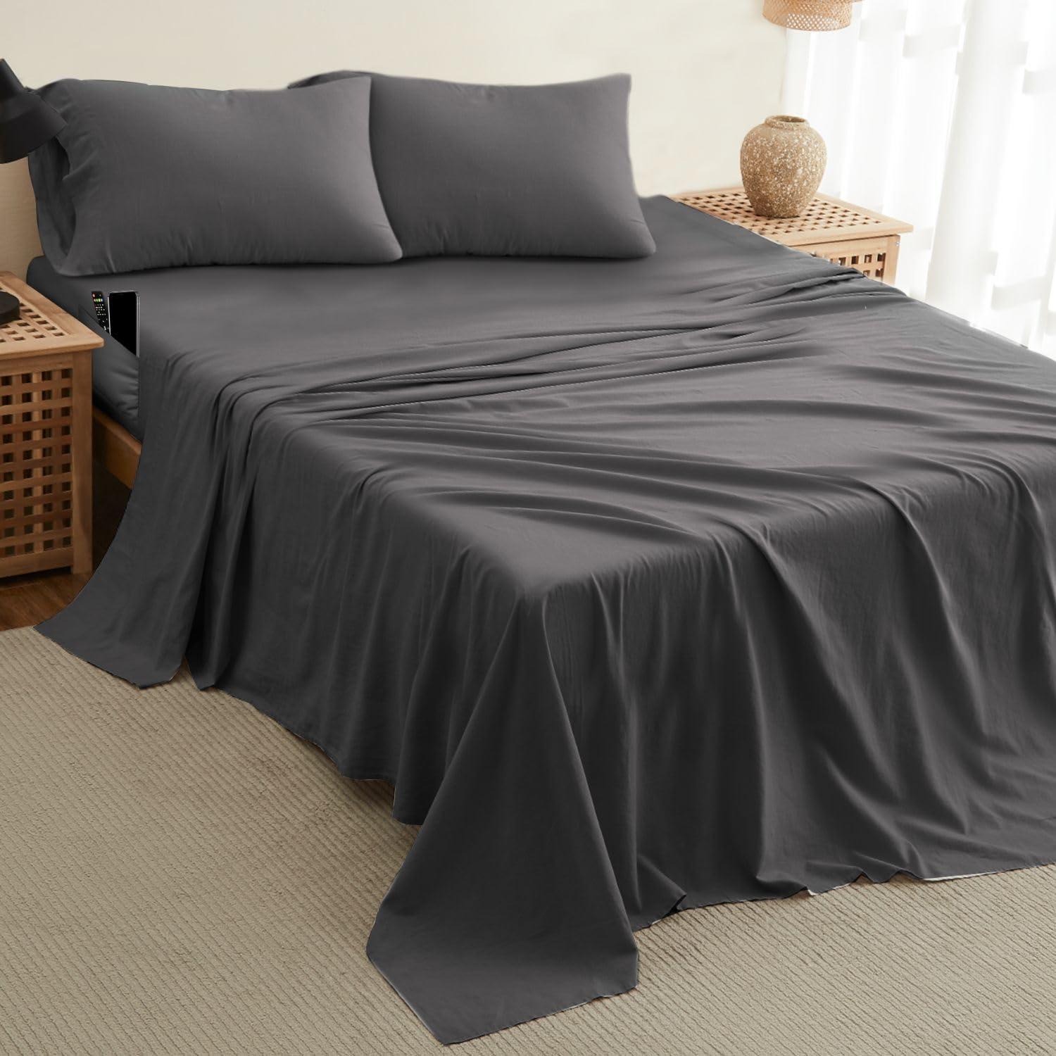 DREAMCARE - Bed Sheets Set - Queen Size Sheet with Side Pocket - 4pcs Set, 15 inches, Dark Gray