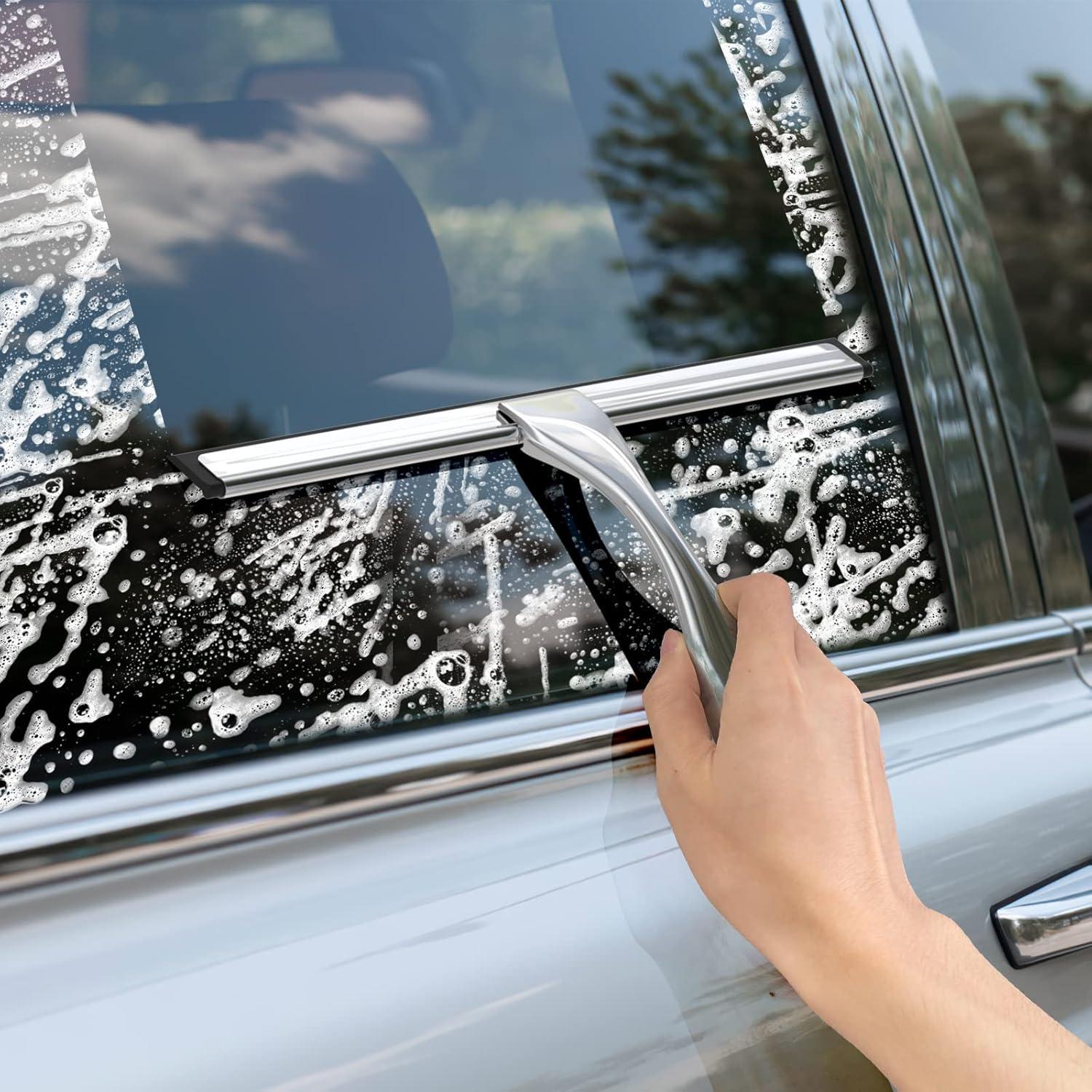 LYCAQL All-Purpose Stainless Steel Shower Squeegee for Shower Glass Door with 2 Adhesive Hooks, Bathroom Cleaner Tool Household Window Mirror Squeegee , Cleaning Tile Wall, Car, 10 Inch Silver