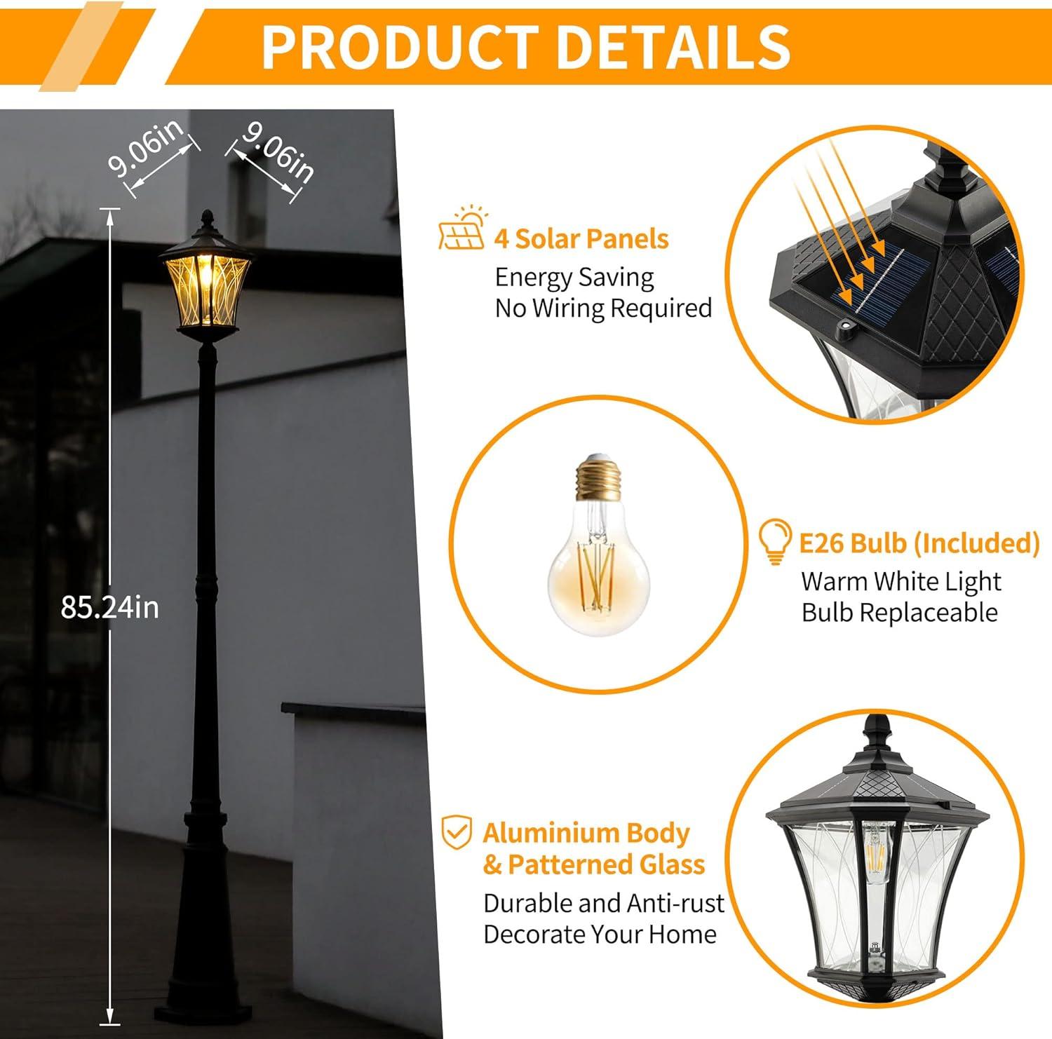 Black Matte Aluminum Solar LED Lamp Post with Clear Glass