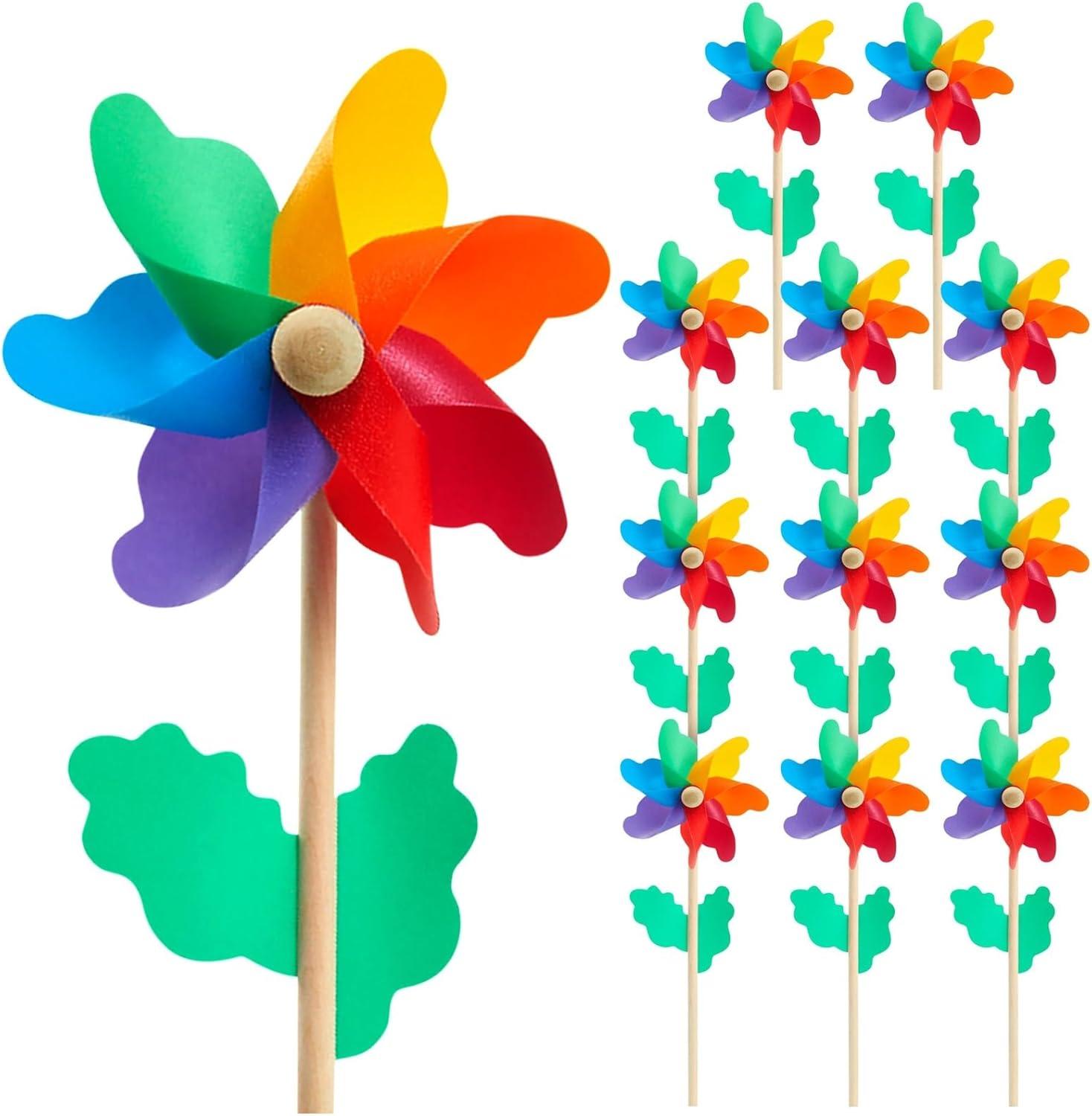 Blue Panda 12-Pack Rainbow Flower Pinwheels for Yard and Garden - Wind Spinners and Outdoor Party Favors for Kids