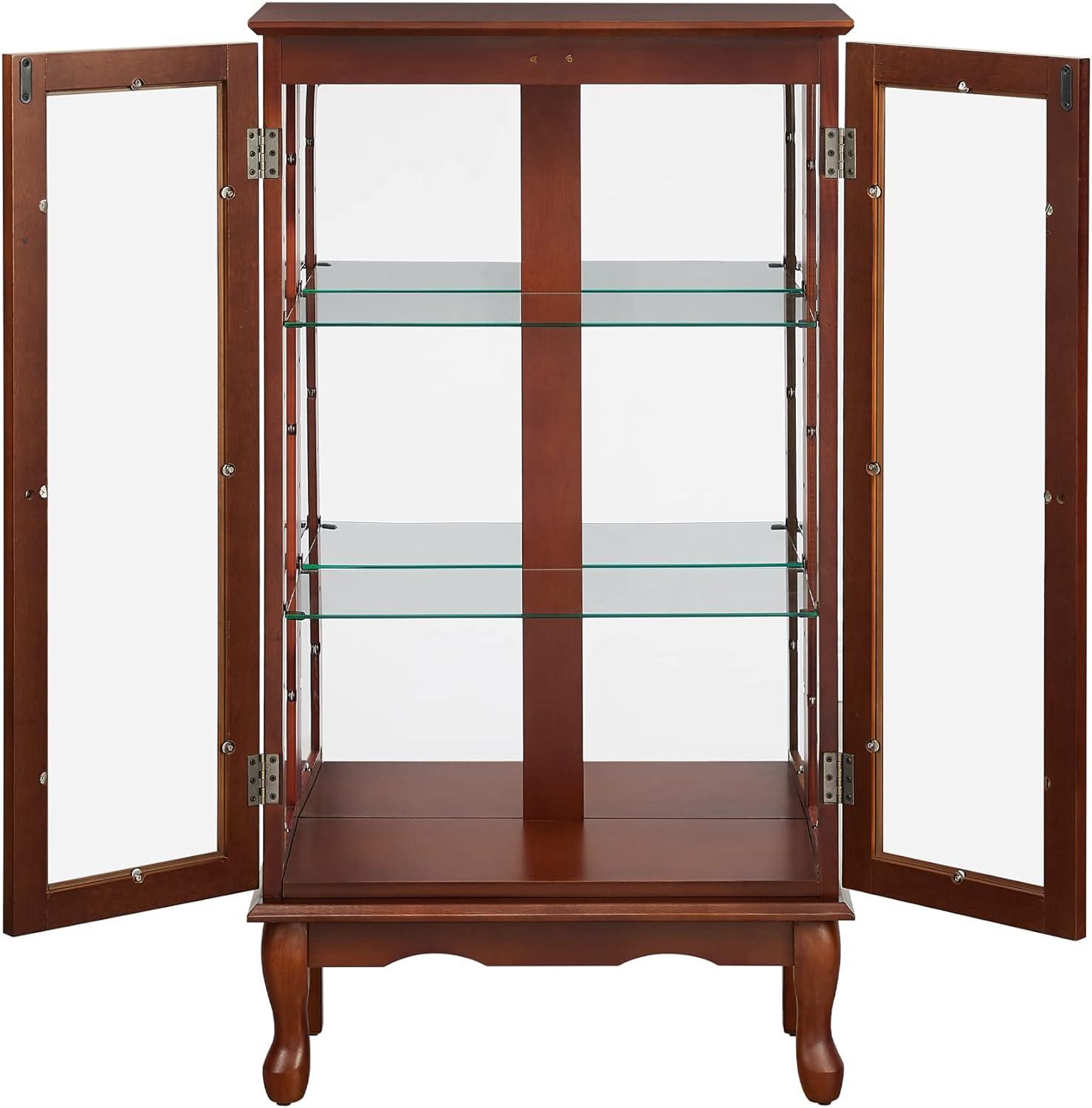 Walnut Lighted Curio Cabinet with Mirrored Back and Glass Shelves