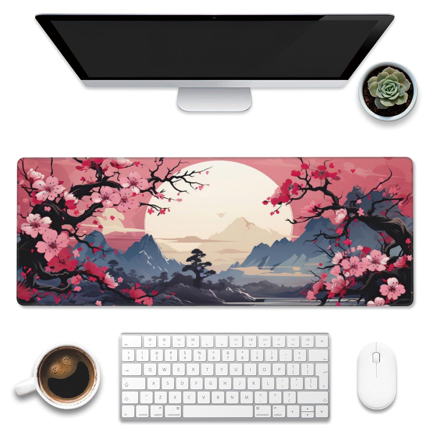 Pink Cherry Blossom Tree Desk Pad, Mountains and Sun Large Gaming Mouse Mat, Extended Big Computer Keyboard Pad With Non-Slip Base and Stitched Edge, 31.5"x11.8"