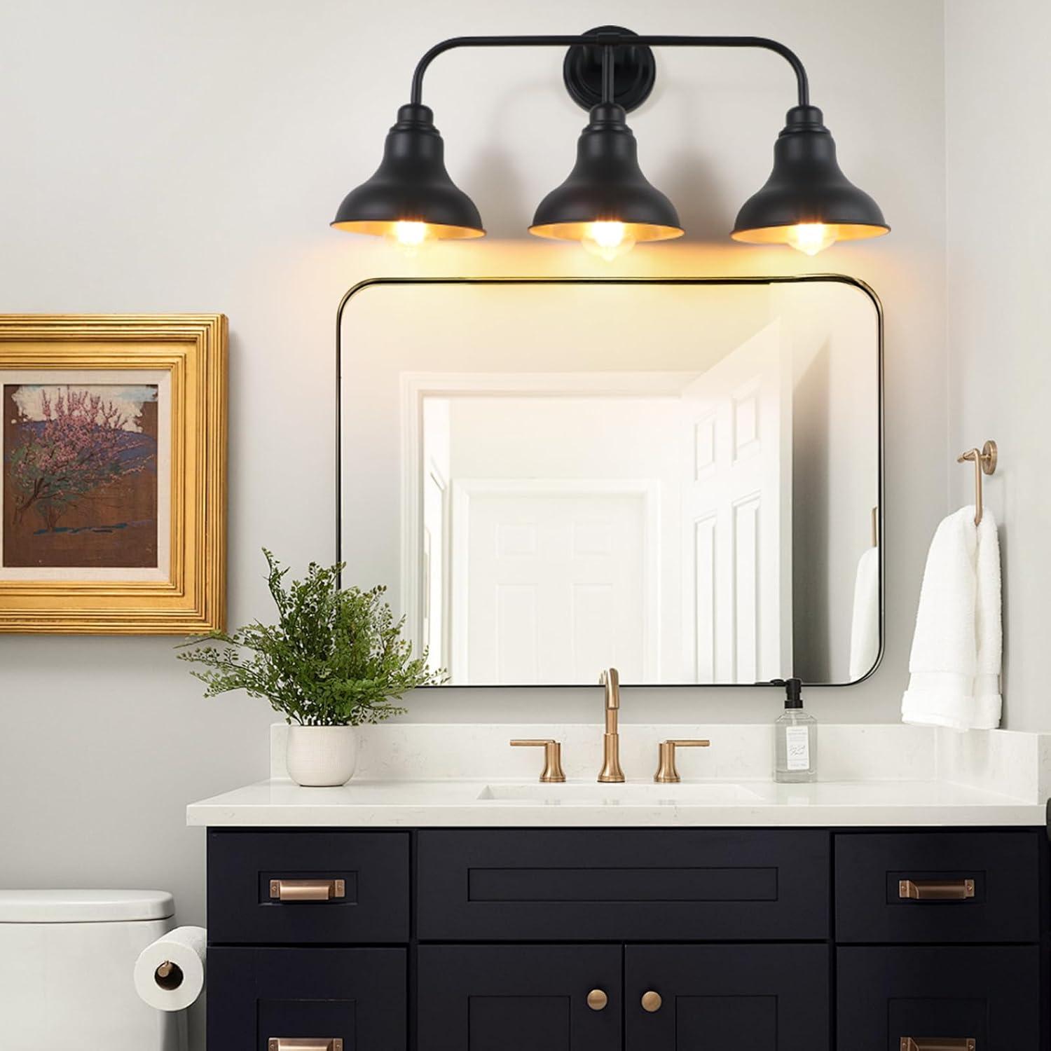 Farmhouse 25.25 in. 3-Light Black Vanity Light with Black Metal Shades