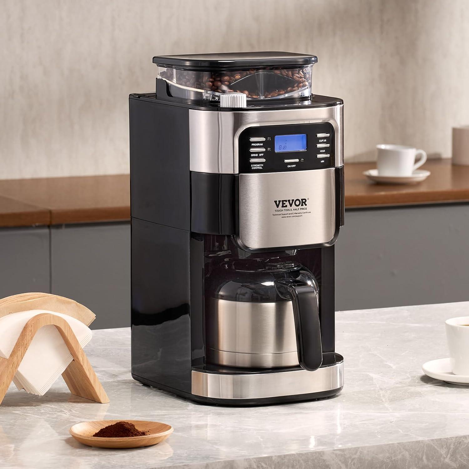 Grind and Brew Coffee Maker Machine, 8 Cup Capacity with 3 Brew Strength Options, Built in Timer for Auto Morning Brew, Ideal for Office Home Cafe, Black