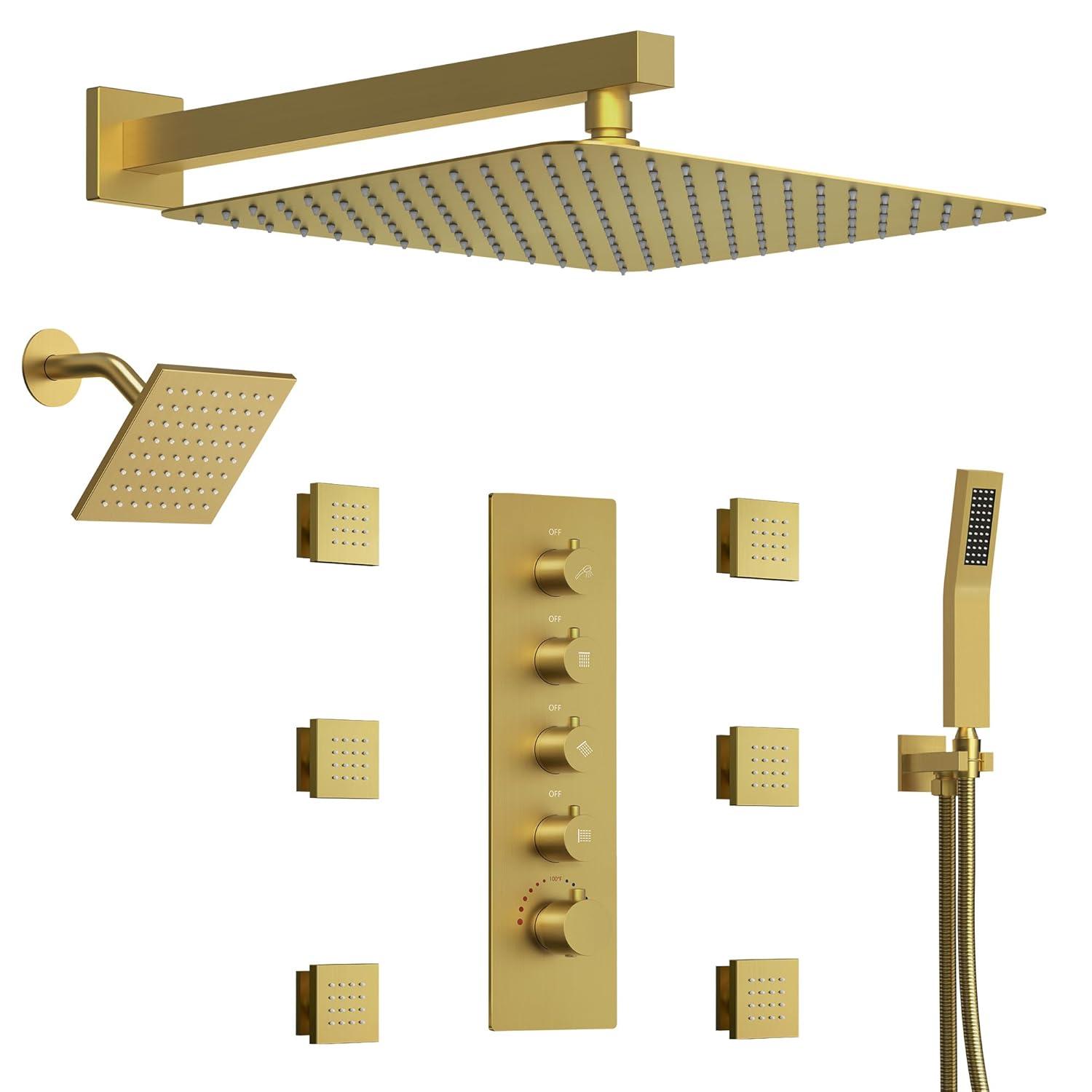 DualJetSpa 16-Inch Rainfall Shower System with Handheld Spray, Dual Showerheads, 6 Body Jets, and Thermostatic Valve