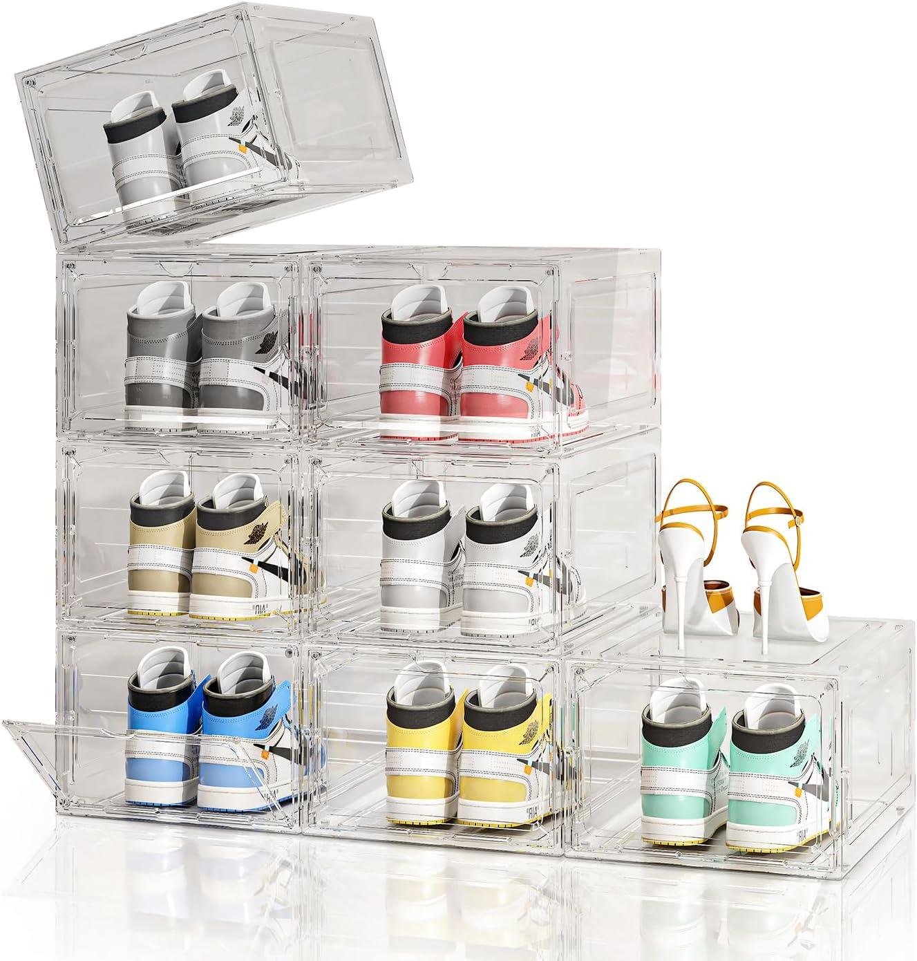 Upgraded Thickened Sturdy Large Shoe Boxes Clear Plastic Stackable 8 Pack Shoe Storage Organizer for Closet/Entryway, Drop front Shoe Box with Magnetic Door, Shoe Display Case, Fit up to US size 14