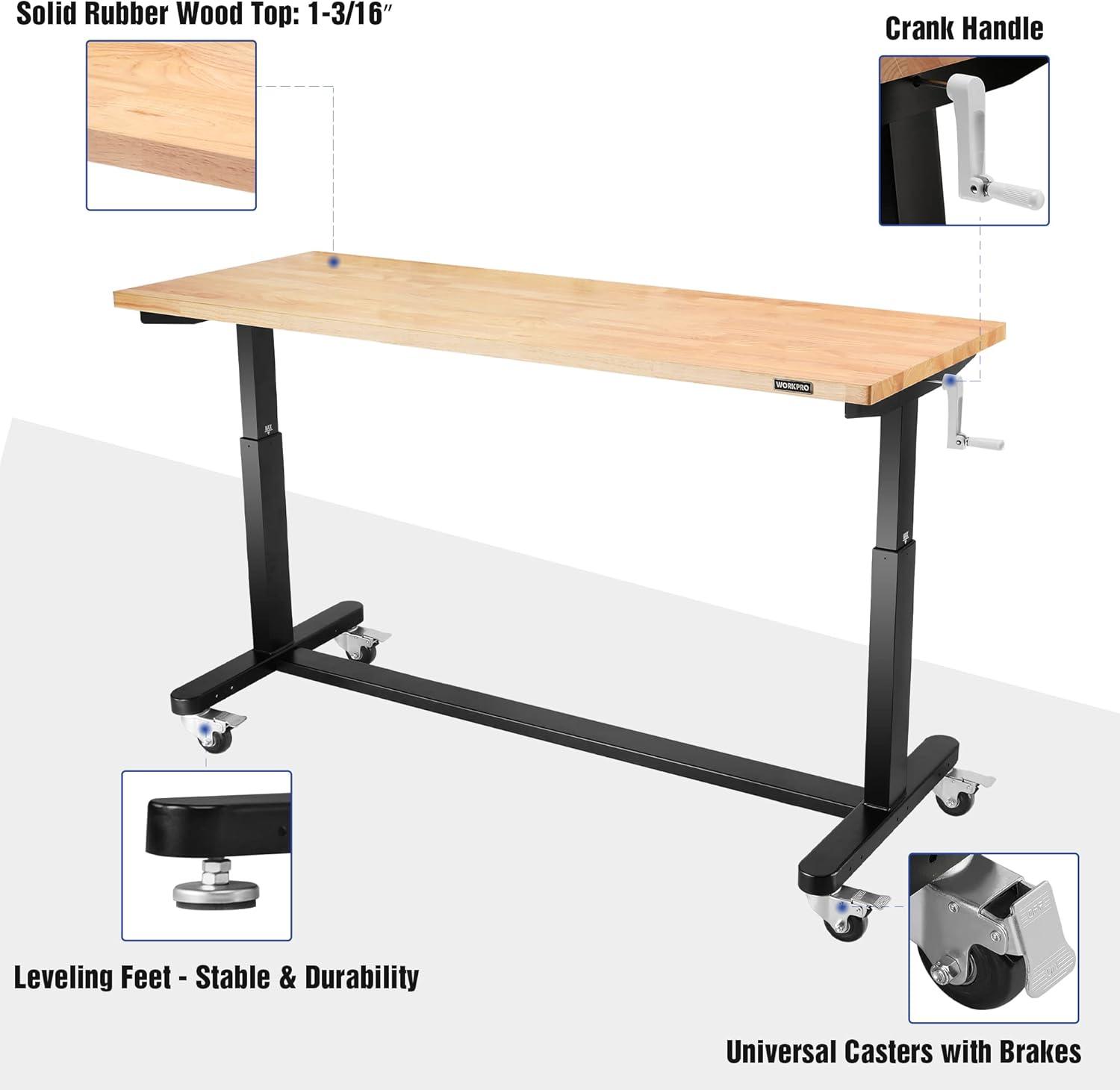 WORKPRO 60" Height Adjustable Work Table with Crank Handle and Casters, 60" x 24" Rubber Wood Top Standing Desk Workbench, Heights from 29"-38", 500 lbs Load Capacity for Garage, Office, Home