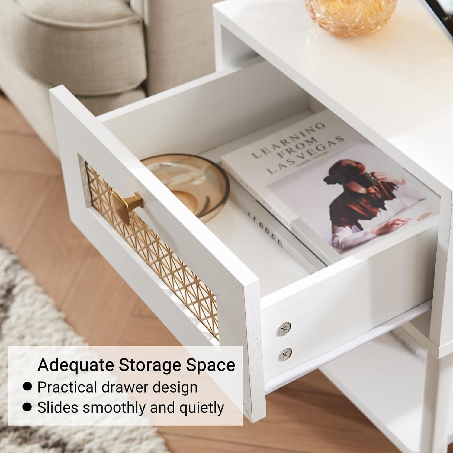 White Wood Mid Century Modern End Table with Storage Drawer and Charging Ports