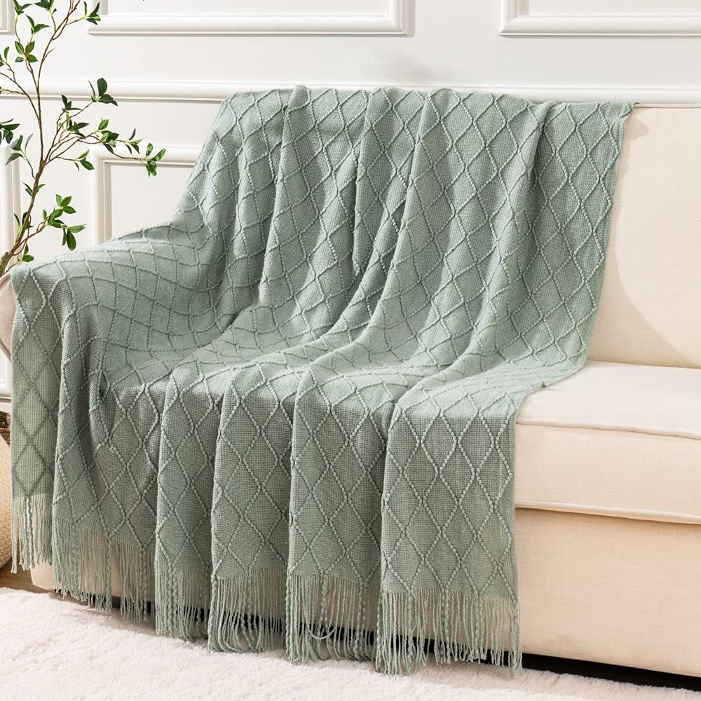 Light Blue Diamond Knit Acrylic Throw Blanket with Fringe, 50"x60"