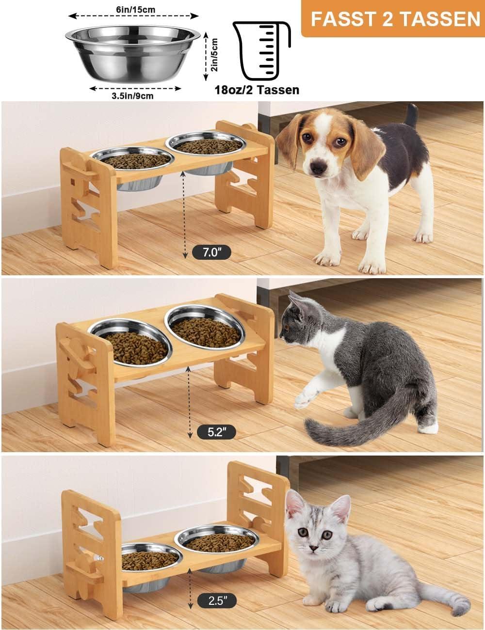 Vantic Elevated Dog Bowls-Adjustable Raised Dog Bowls with Stand for Small Size Dogs and Cats,Durable Bamboo Dog Feeder with 2 Stainless Steel Bowls and Non-Slip Feet