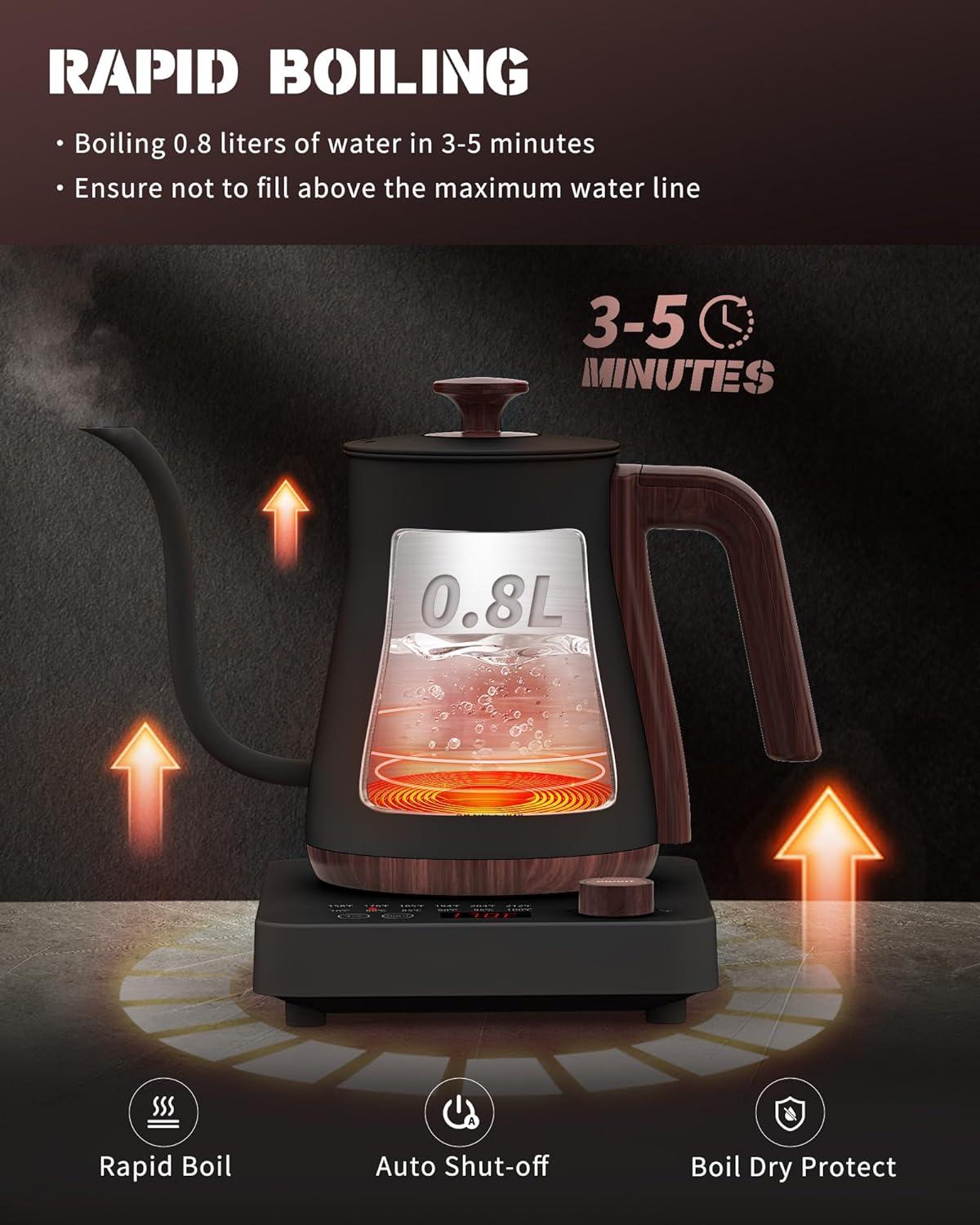 MARLIN MANUFACTURING COMPANY, INCORPORATED Electric Kettle, Electric Gooseneck Kettle With 6 Temperature Control Presets And LED Display, 0.8L/27.05Oz, 0.8Mm Ultra-Fine Spout, 304 Stainless Steel Inner, 1000W Gooseneck Kettle, Matte Black