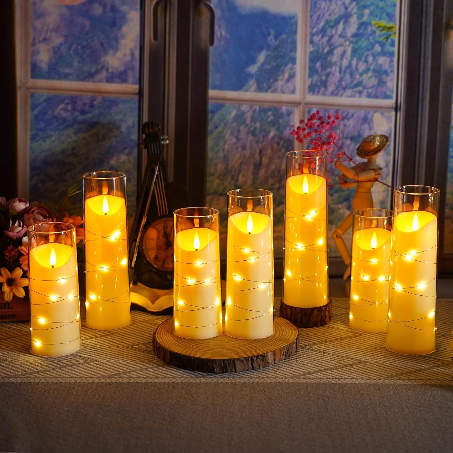 Flameless Candles with Embedded Star String, Battery Operated LED Pillar Candles with Timer and Remote Control,Home Decorating for Ambiance， Set of 9 (Ivory)