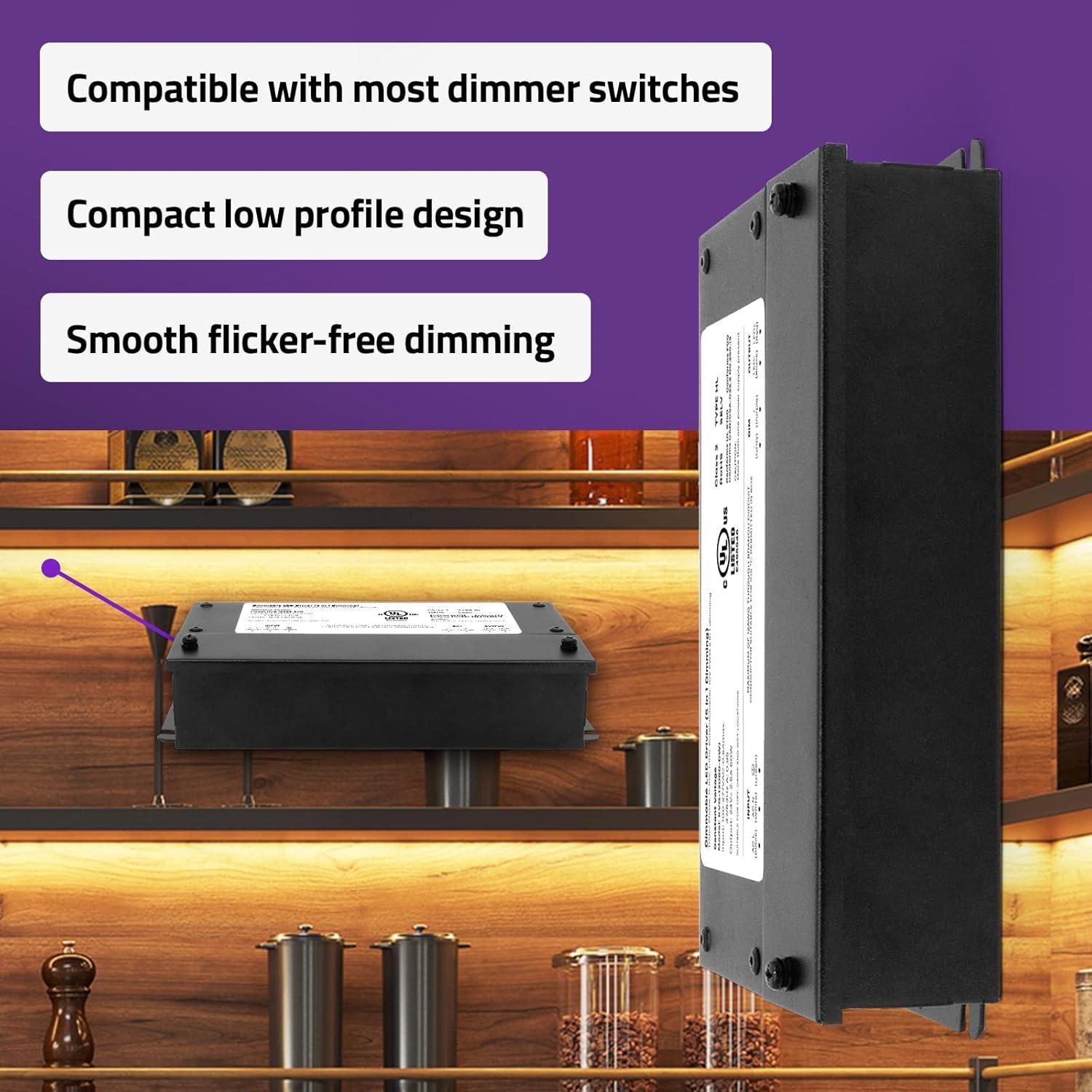 60W Dimmable LED Driver 24V, AC to DC Triac Dimmable Transformer Power Supply, Dimming LED Driver, Compatible with lutron and leviton Dimmer, TRIAC/Phase/0-10V /1-10V/Potentiometer/10V PWM UL Listed