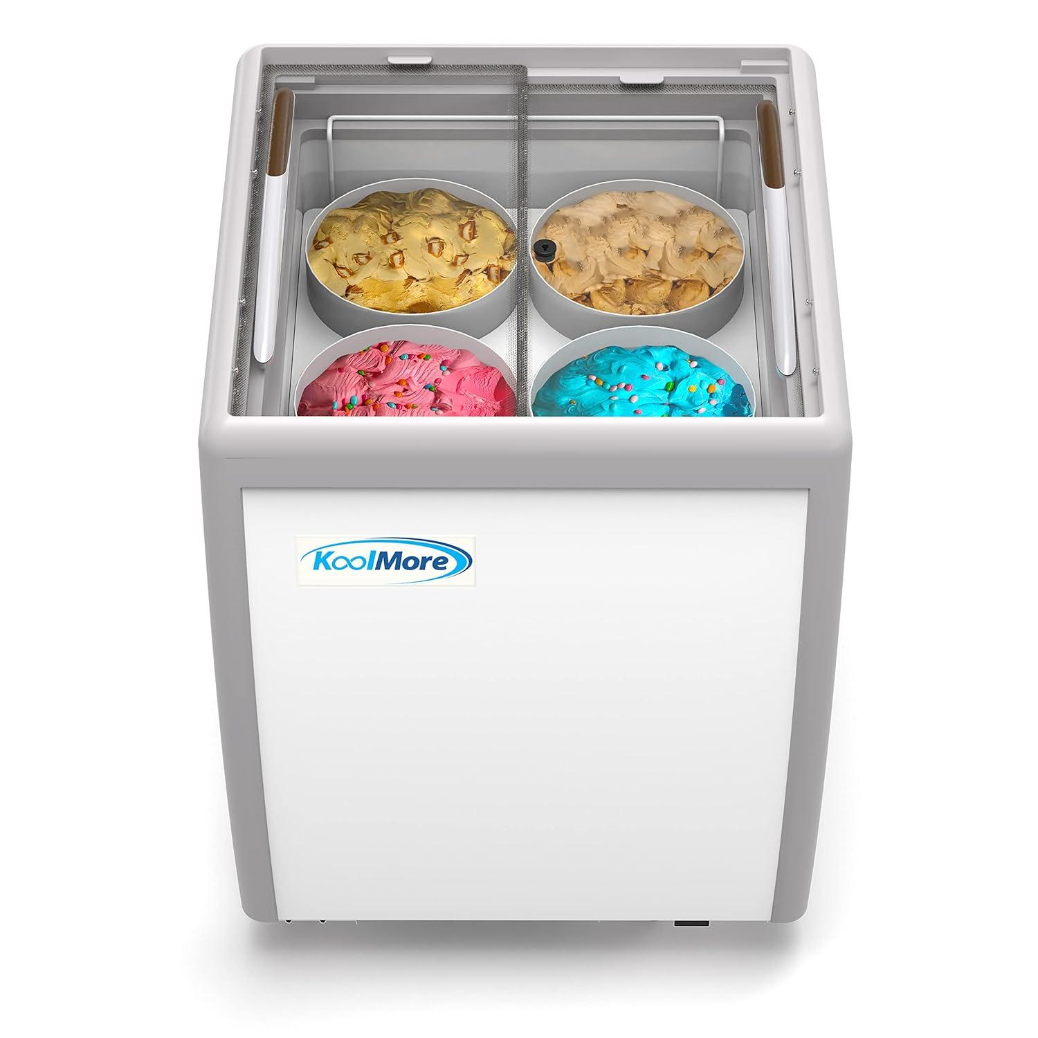 KoolMore 26 in. 4 Tub Ice Cream Dipping Cabinet Display Freezer with Sliding Glass Door and Sneeze Guard, 6 cu. ft. KM-ICD-26SD-FG.