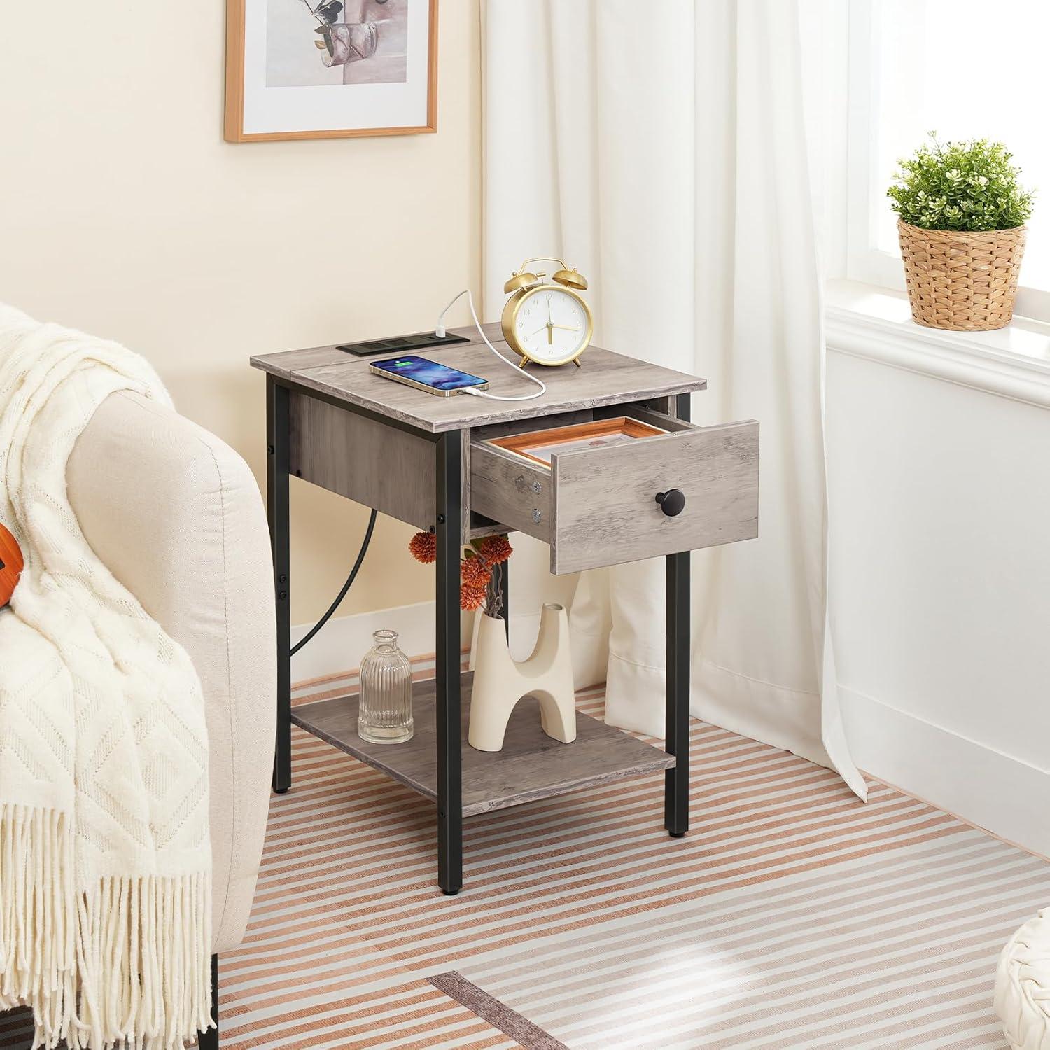 Greige and Black Nightstands with Charging Station and Drawer