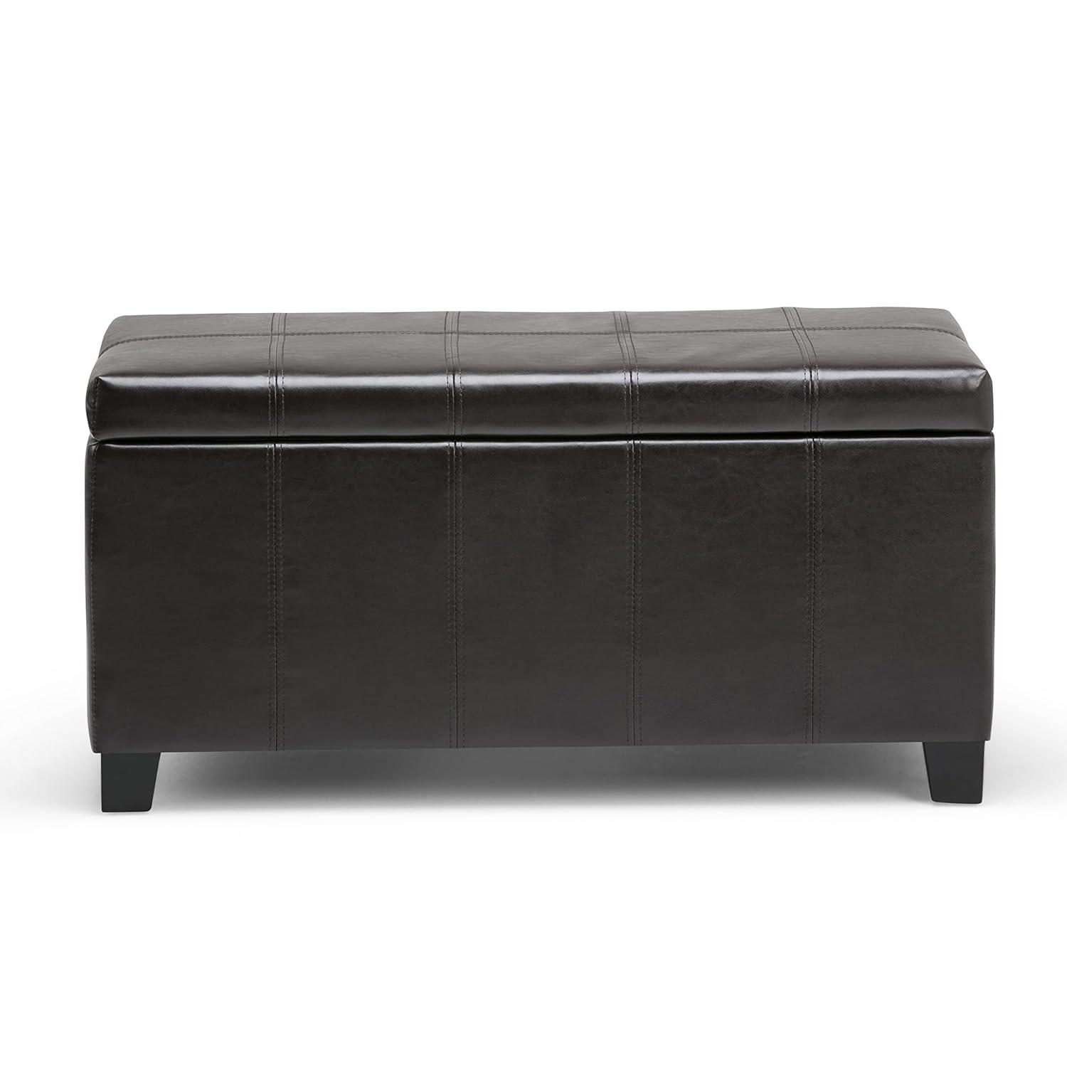 Simpli Home Dover Faux Leather Storage Bench in Tanners Brown