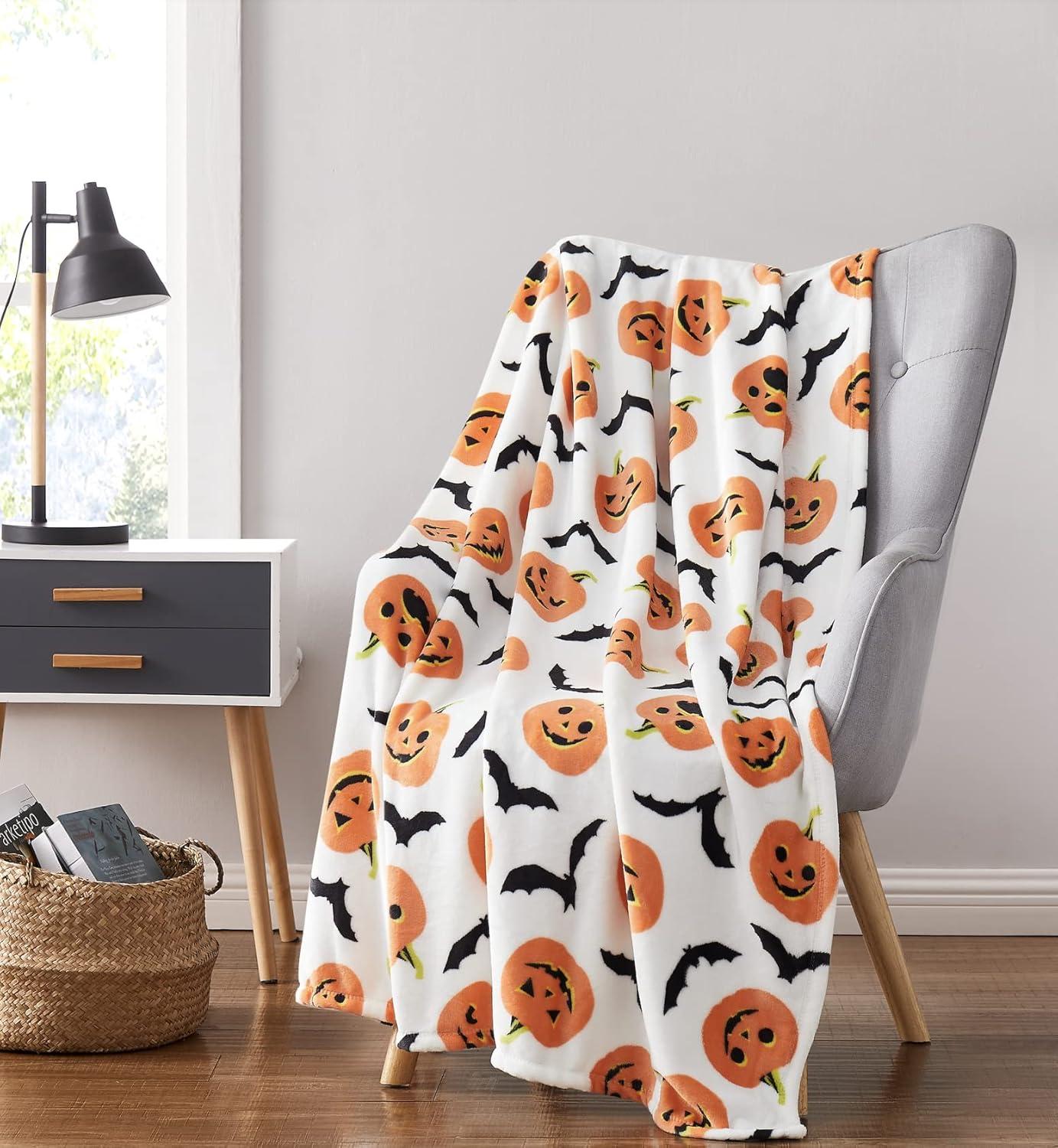 Kate Aurora Coastal Autumn Harvest Teal Halloween Pumpkin Patch Plush Oversized Accent Throw Blanket - 50 In. W X 70 In. L