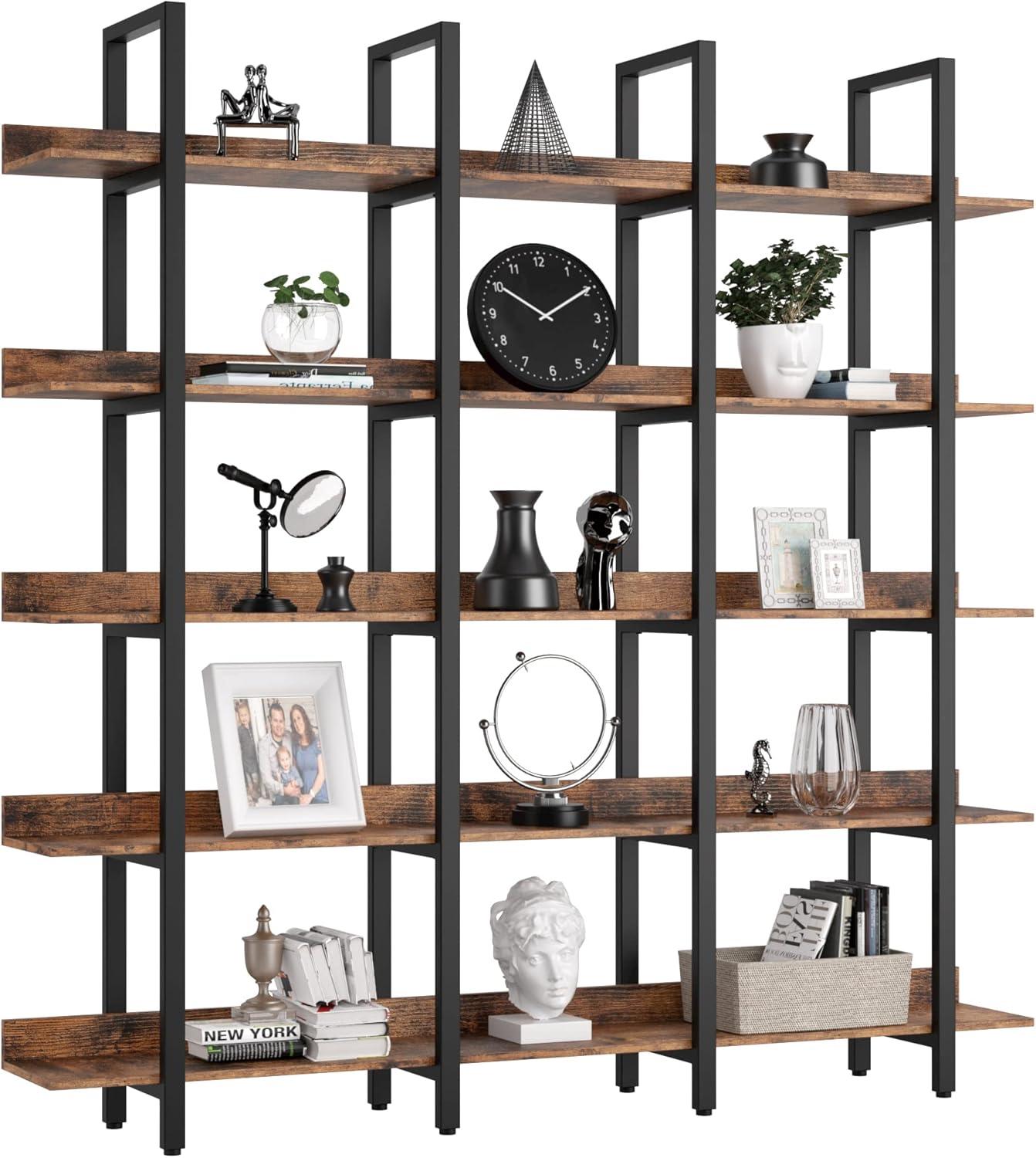 IRONCK Triple Wide 5 Tiers Large Open Shelves, Etagere Bookcases with Back Fence for Home Office Decor, Easy Assembly, Vintage Brown