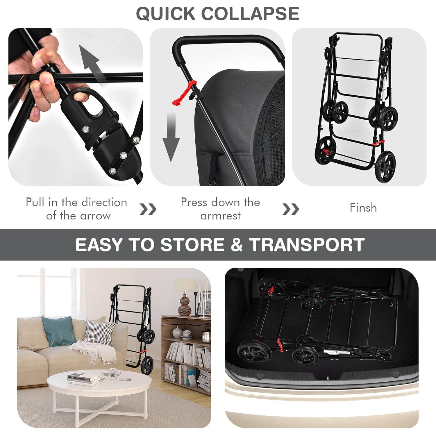 Tangkula Double Pet Stroller with 2 Detachable Carrier Bags Safety Belt 4 Lockable Wheels Cat Stroller Travel Carrier Strolling Cart Folding Black