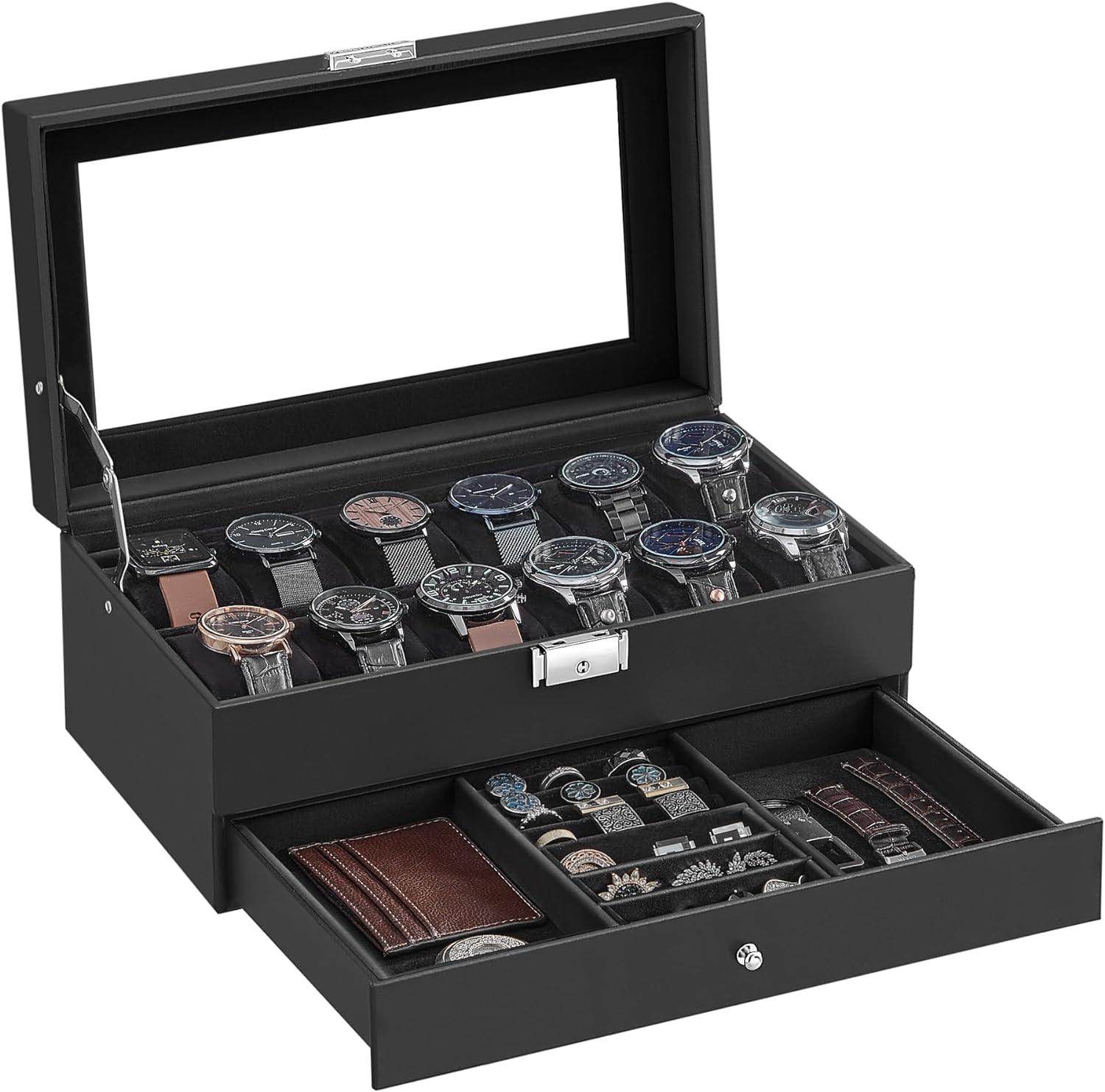 SONGMICS 12-Slot Watch Box, Lockable Watch Case with Glass Lid, 2 Layers, with 1 Drawer for Rings, Bracelets, Gift Idea, Black Synthetic Leather, Black Lining UJWB012B03