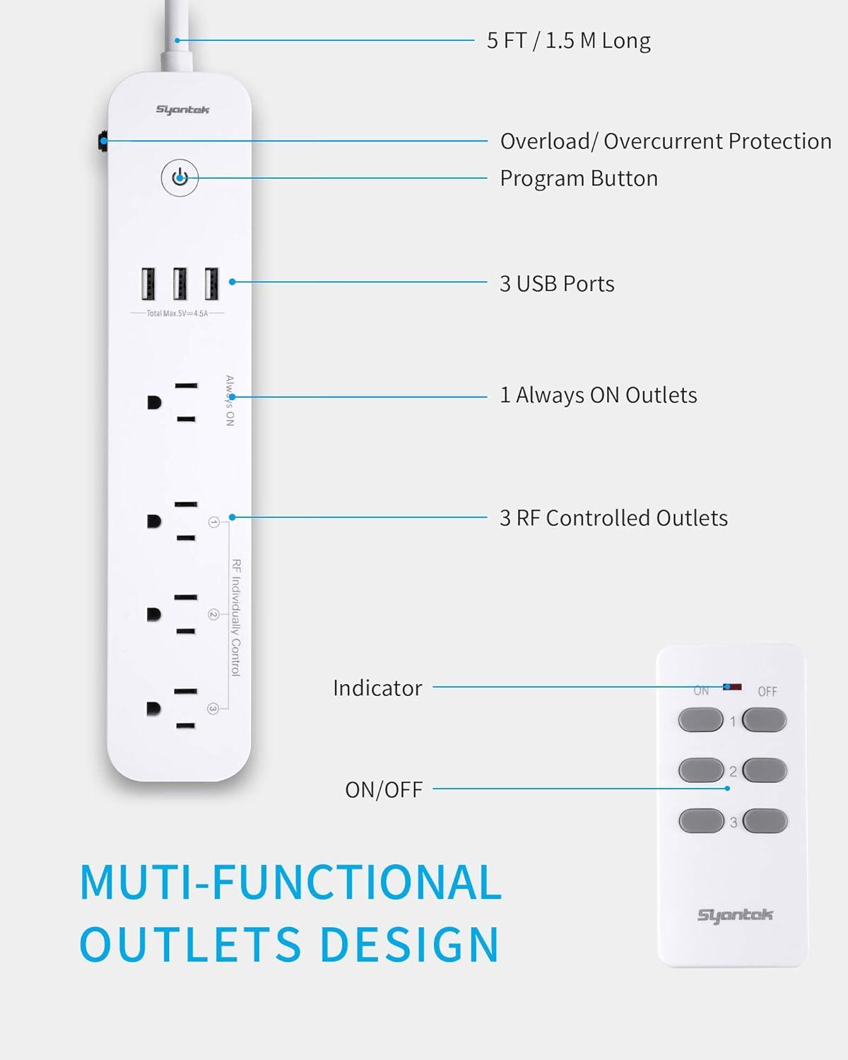 White Remote Control Power Strip with USB Ports and RF Outlets