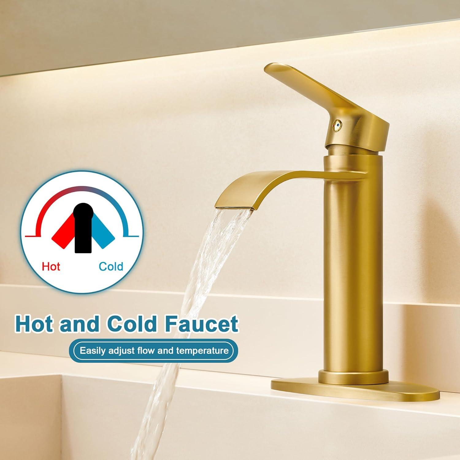 Gold Bathroom Faucets | Waterfall Single Hole Bathroom Sink Faucet with Deck Plate, 1 Hole Or 3 Hole for 4 Inch Brushed Gold Vanity Faucet with Pop-Up Drain Single Handle Lavatory Faucet