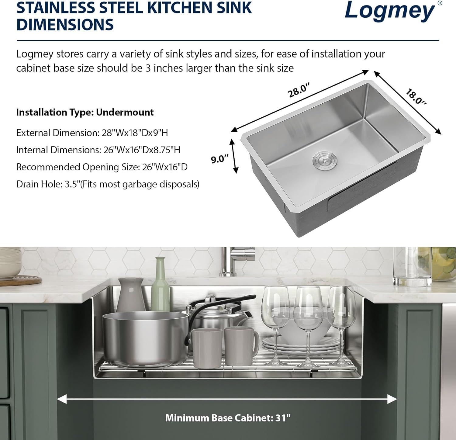 Sarlai 28'' L x 18" W Undermount Single Bowl Stainless Steel Kitchen Sink with Sink Grid and Basket Strainer SU2818R
