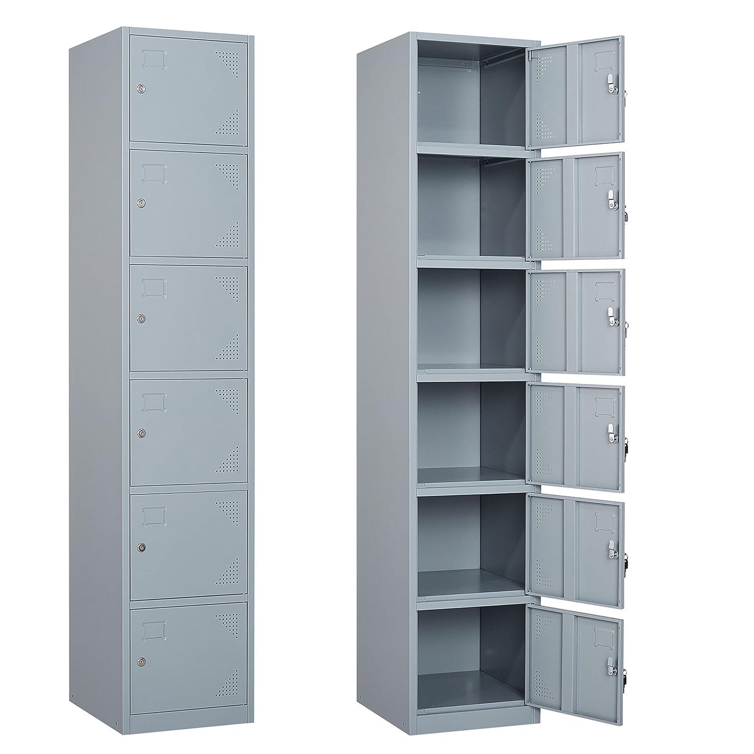 SISESOL Metal Locker Storage Cabinet with Doors and Shelves Metal Lockers with 6 Doors,71" Lockable Small Locker Storage Cabinet for Employees,School, Office, Home, Gym (Gray)
