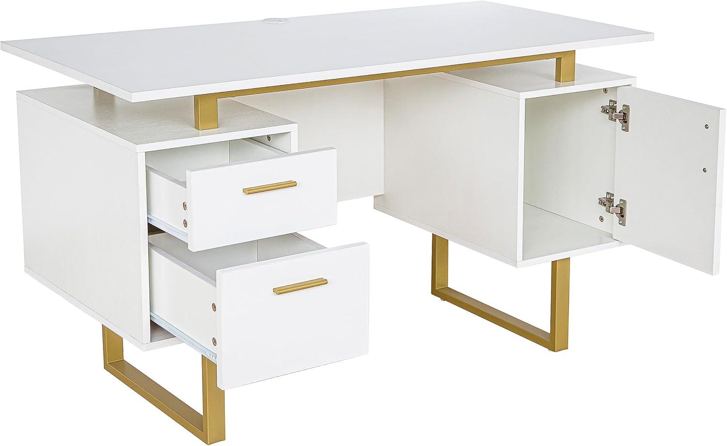 Techni Mobili Modern Adult Office Desk with Drawers and Storage, 51.25”W, White/Gold RTA-7002-GLD