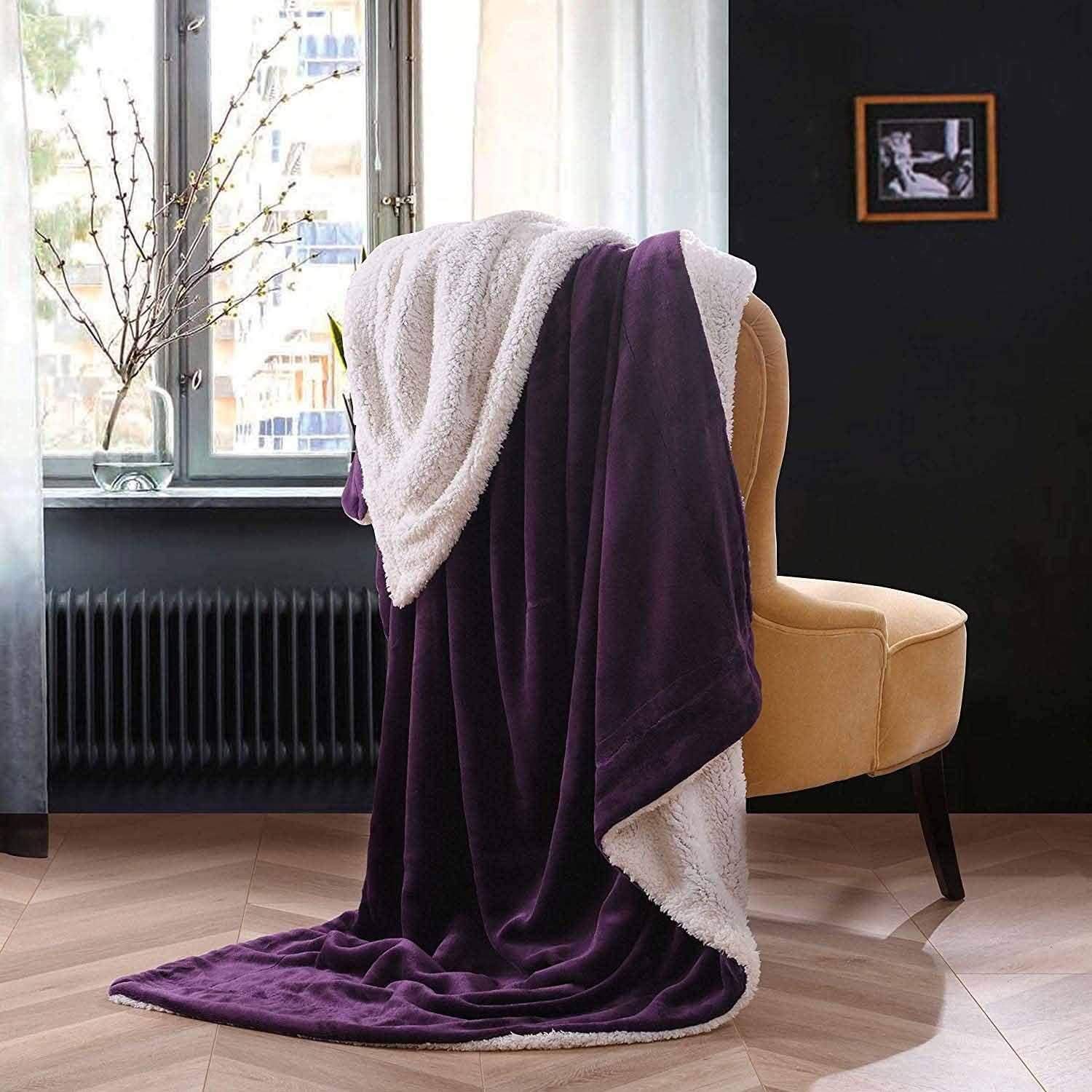 Purple and White Reversible Sherpa Fleece Throw Blanket