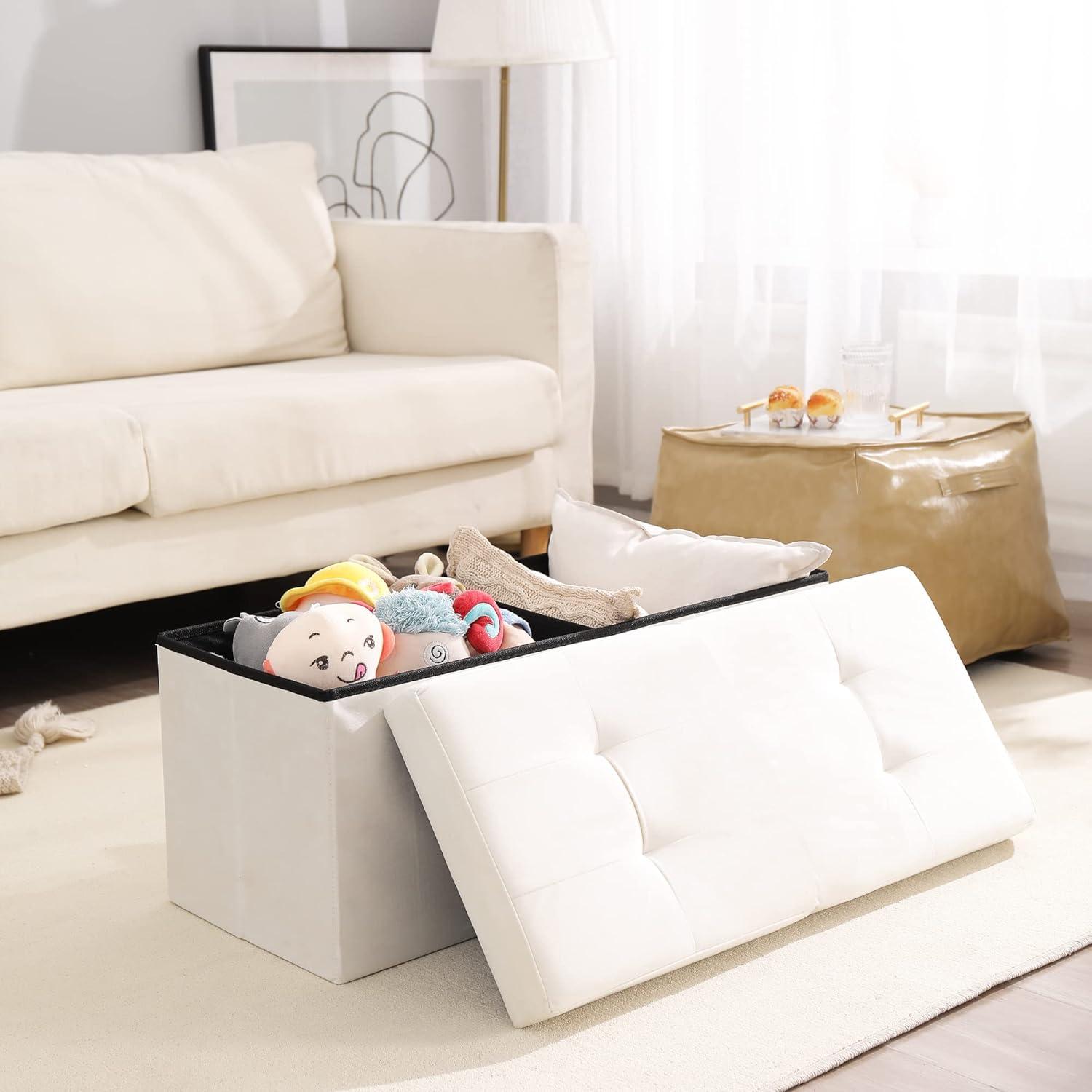 Cream Velvet Tufted Foldable Storage Ottoman Bench