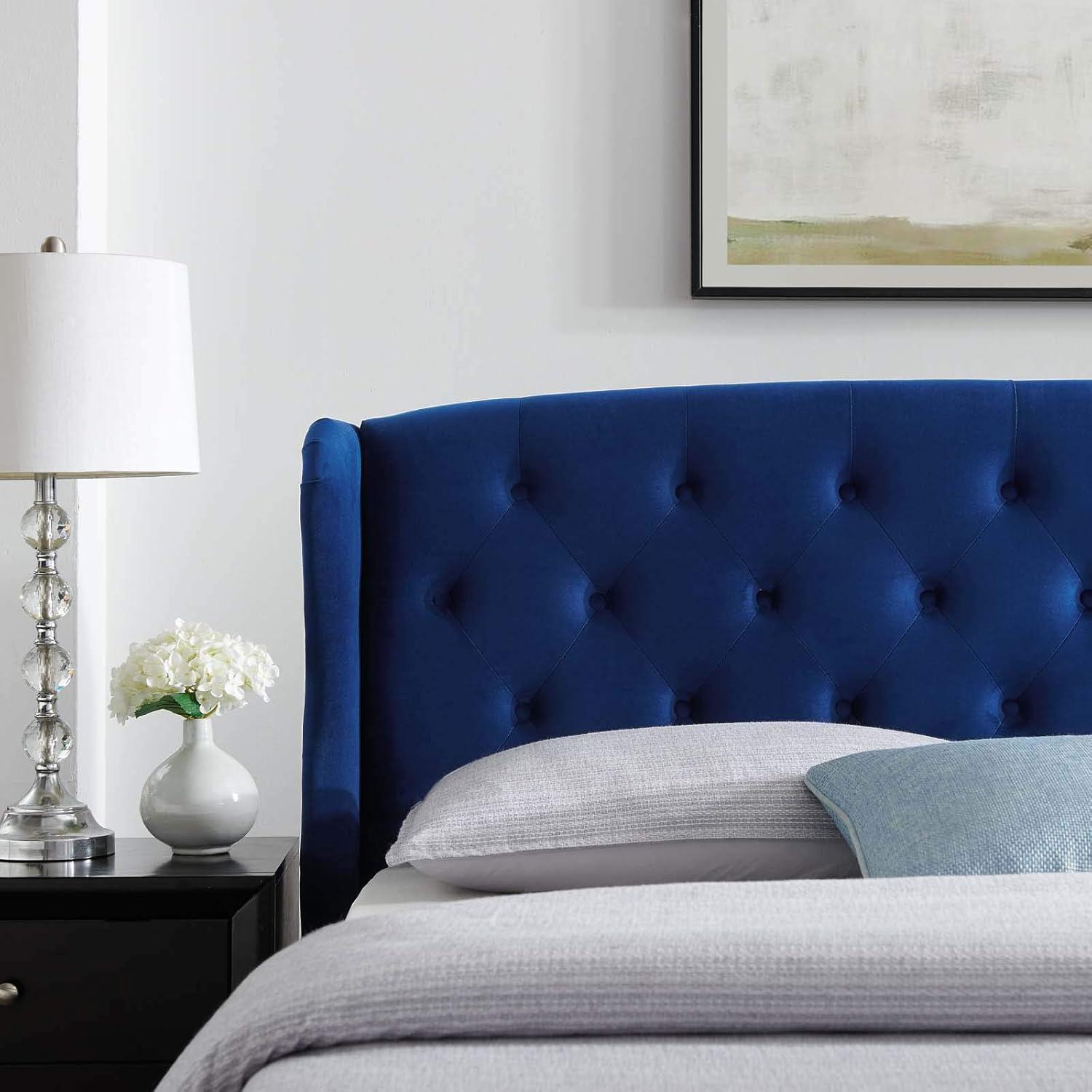 Navy Velvet Tufted Upholstered Queen Bed with Wood Frame