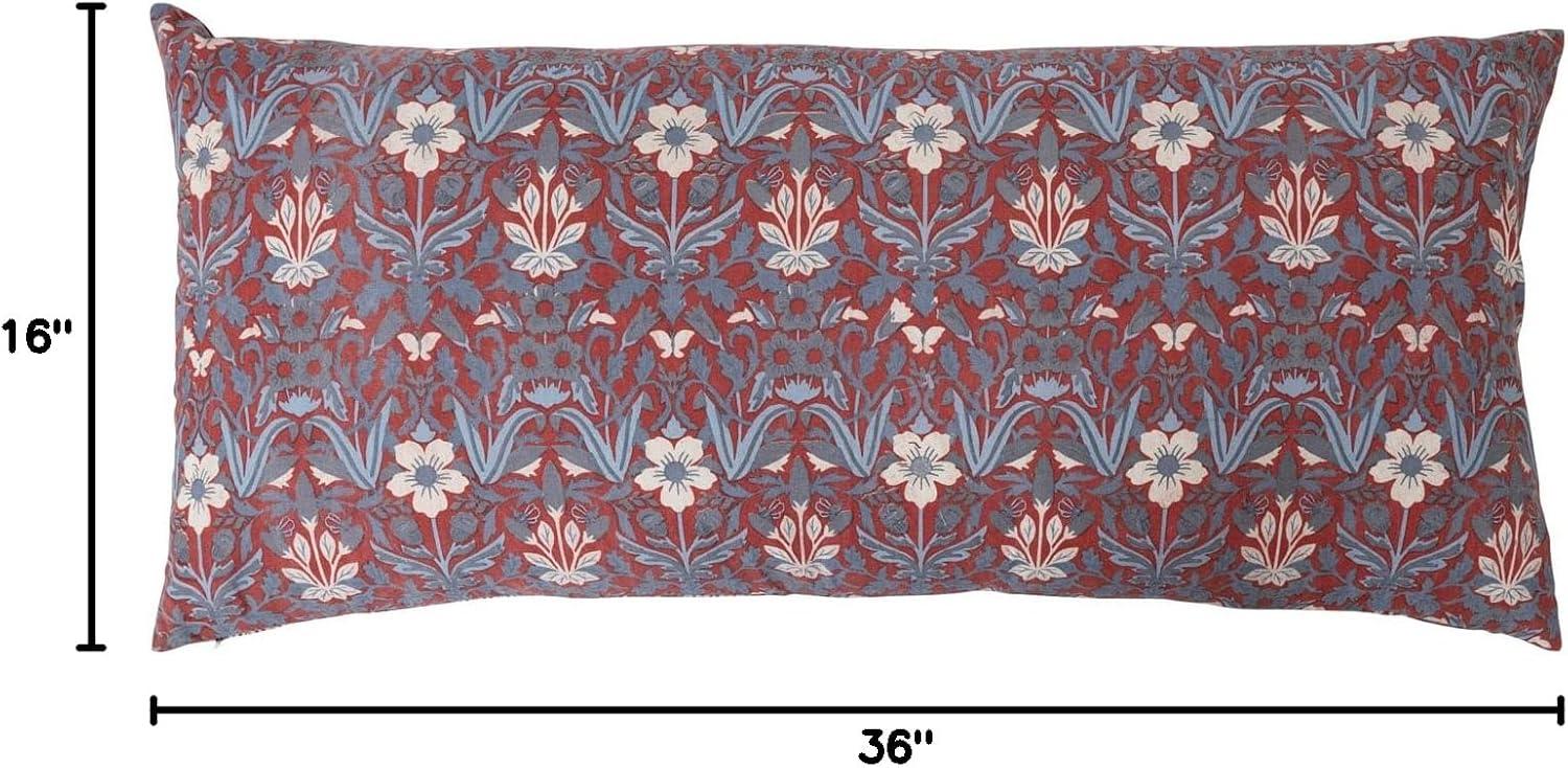 Vintage Floral Red and Blue Cotton Lumbar Pillow