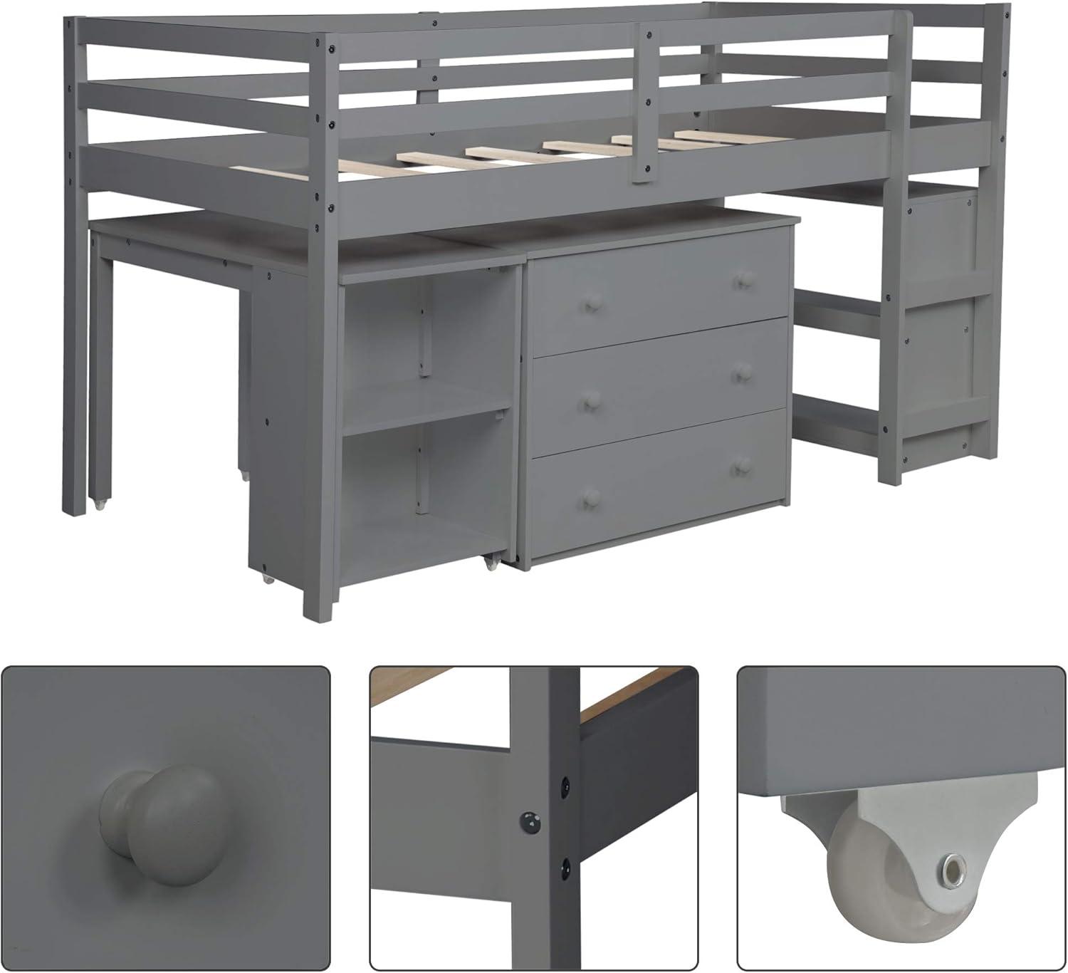 Twin Loft Bed Frame with Rolling Desk, Cabinets and Bookshelf, Wood Low Study Loft Bed with Full-length Guardrail for Kids, No Box Spring Required, Gray