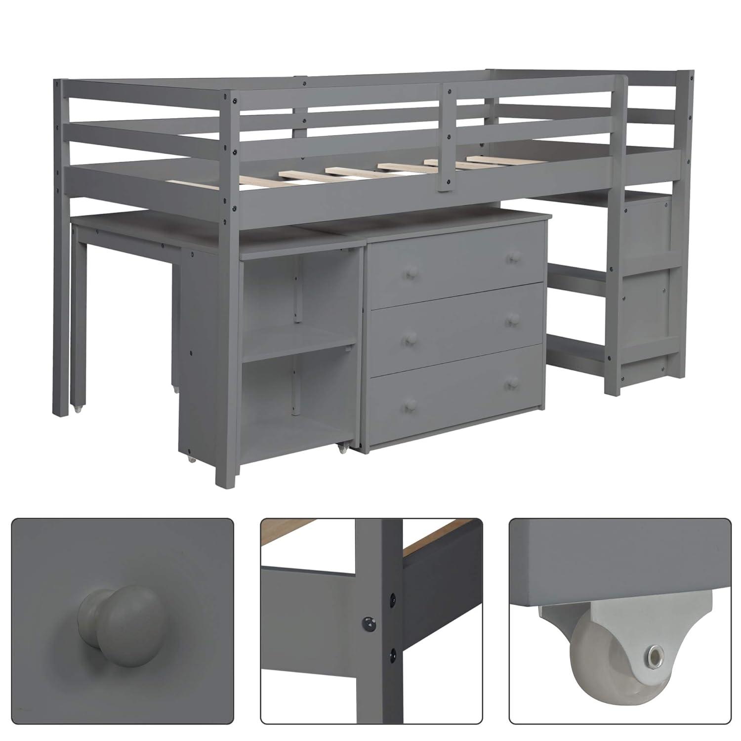 Harper & Bright Designs Twin Loft Bed with Cabinet and Rolling Portable Desk, Wooden Low Study Loft Bed with Drawers, Gray