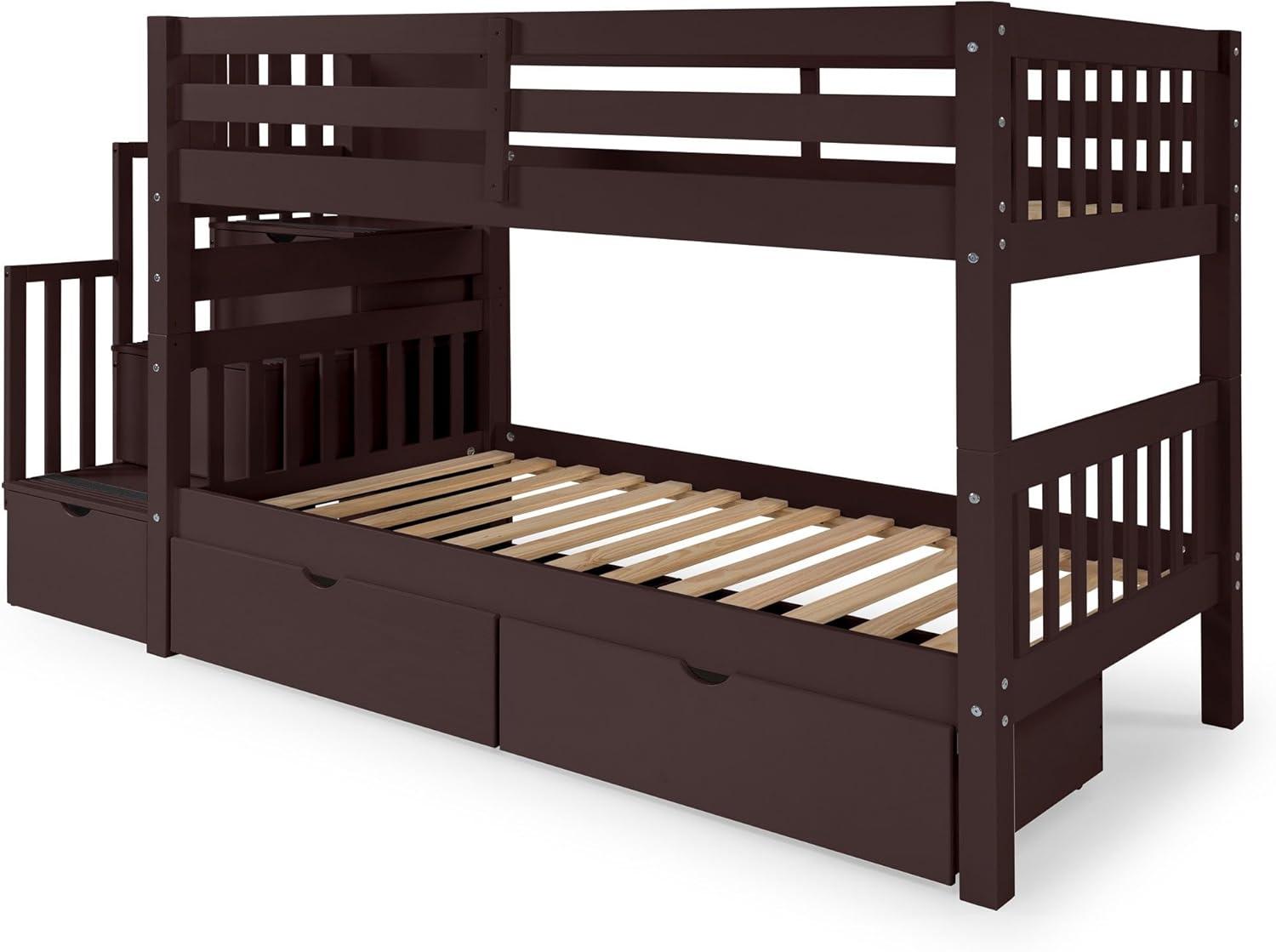 Bedz King Stairway Bunk Beds Twin over Twin with 3 Drawers in the Steps and 2 Under Bed Drawers, Dark Cherry