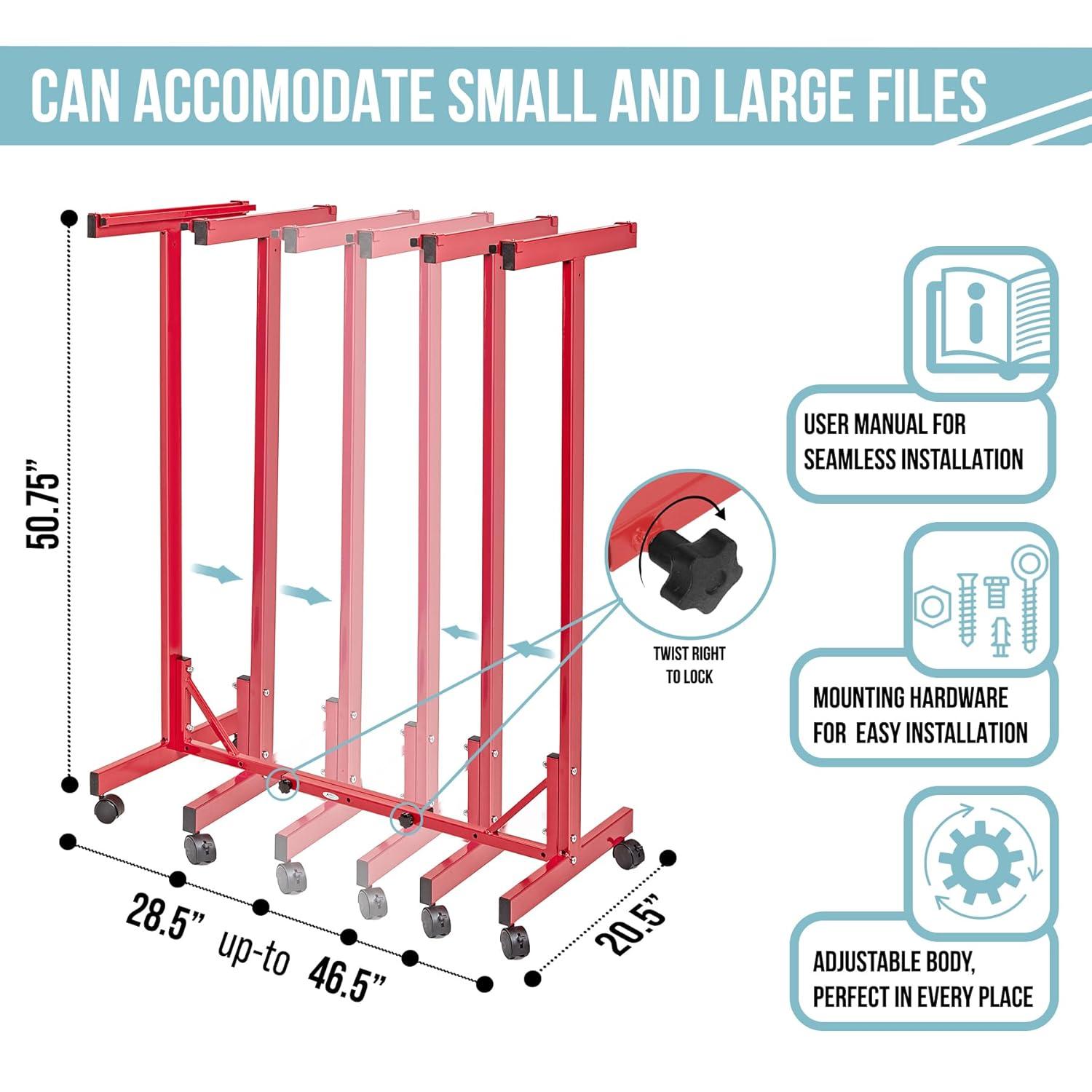Red Heavy Gauge Steel Mobile Blueprint Rack with Adjustable Width