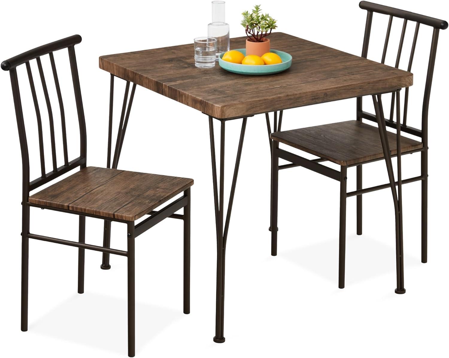 Dark Brown Metal and Wood 3-Piece Dining Set with 2 Chairs