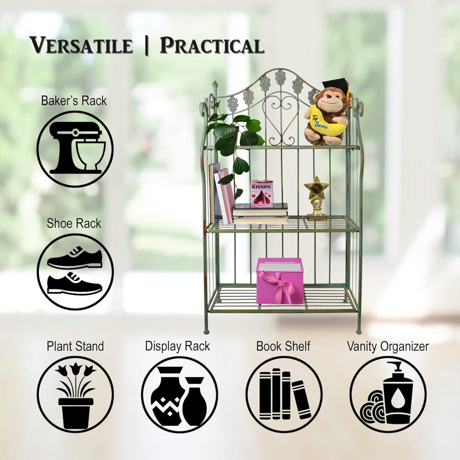Pre-Assembled Folding Metal Shelf | Plant Stand | Shelving Unit | Bookcase | Outdoor Baker's Rack with Scrolling Heart & Peacock Tail Motif