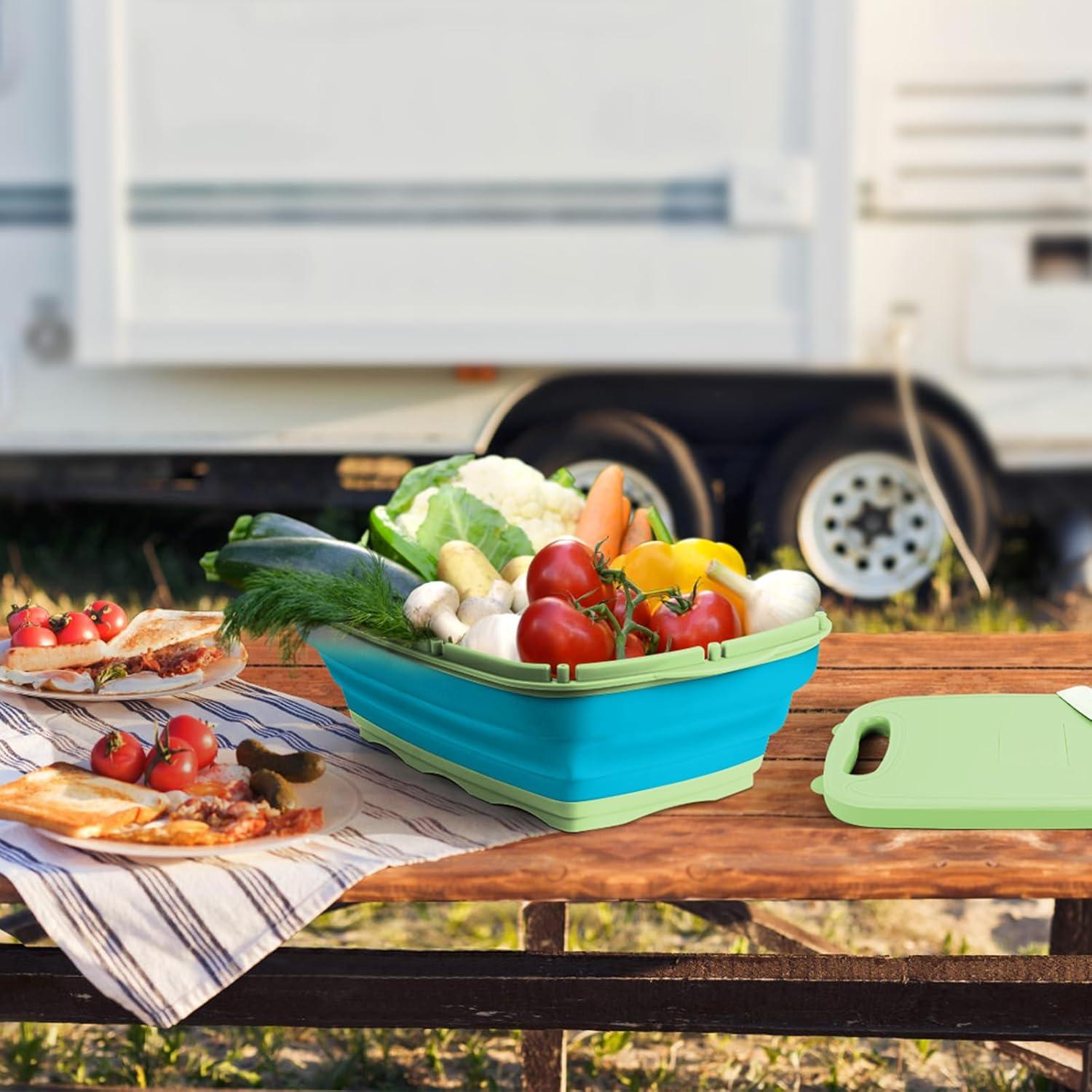 R&M HOME Green Plastic Multi-Functional Folding Cutting Board, 9-in-1 with Grating, Chopping, Slicing, Cutting, and Washing Functions for Vegetables and Fruits, Knife-Safe, Perfect for Kitchen.