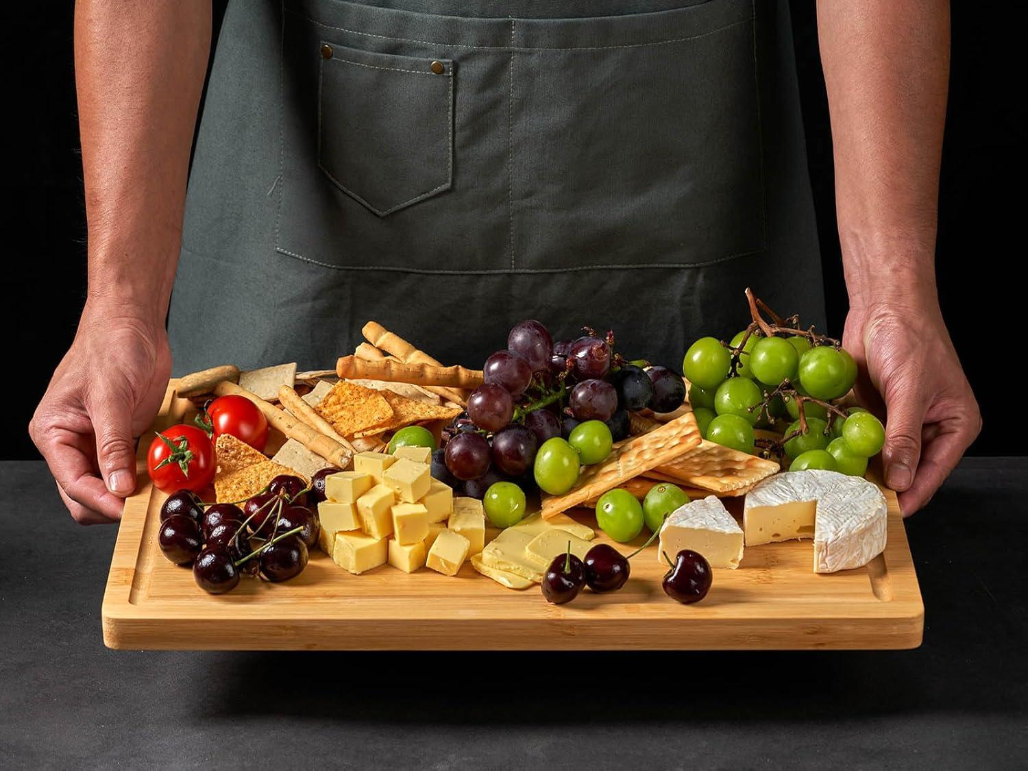 Bamboo Wood Cutting Board for Kitchen - 18 Large Cheese Charcuterie Chopping Block with Side Handles Organic Bamboo, Deep Juice Grooves, Multi-Purpose Perfect Gift for Every Occasion