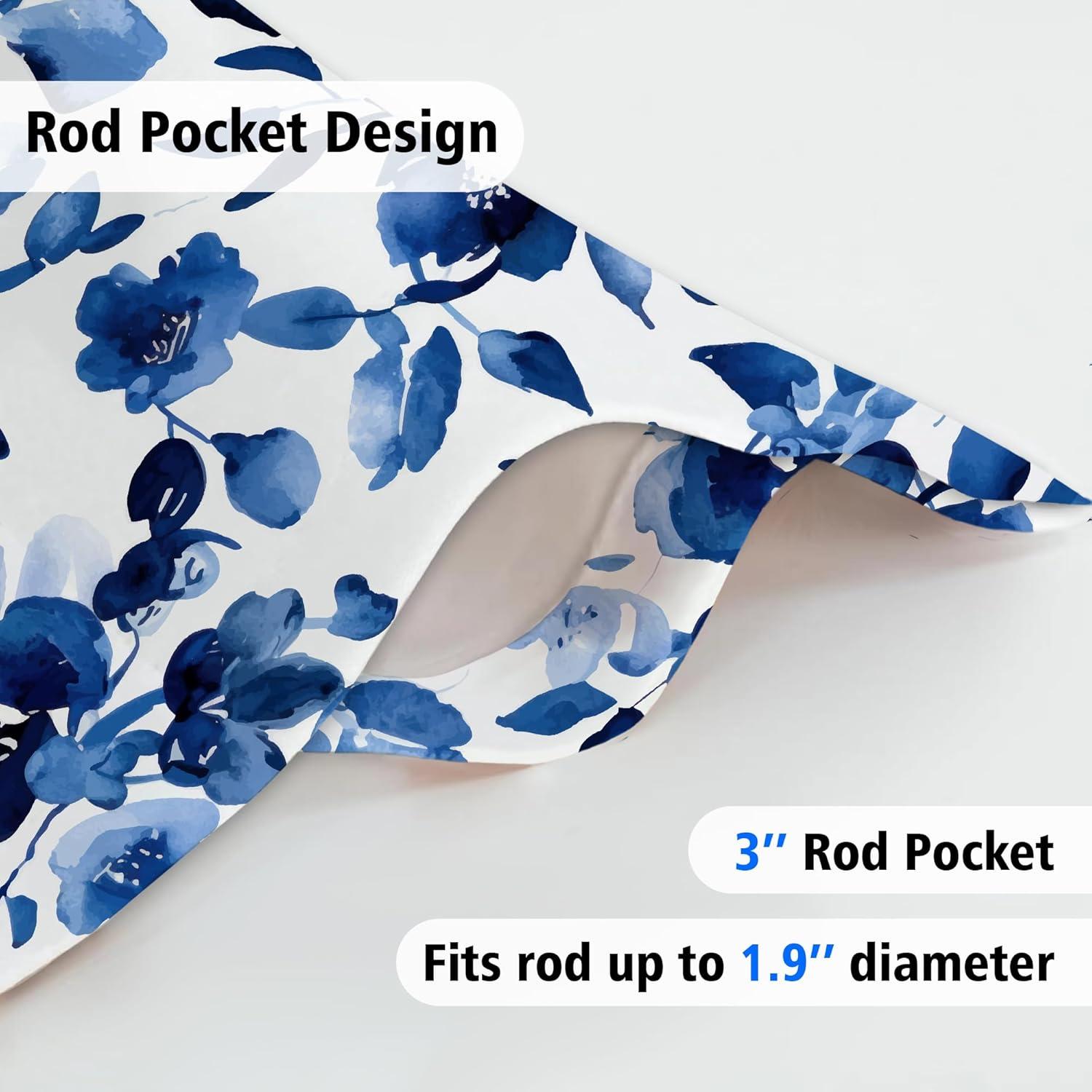 Watercolor Blue Floral Semi-Sheer Linen Rod Pocket Valance