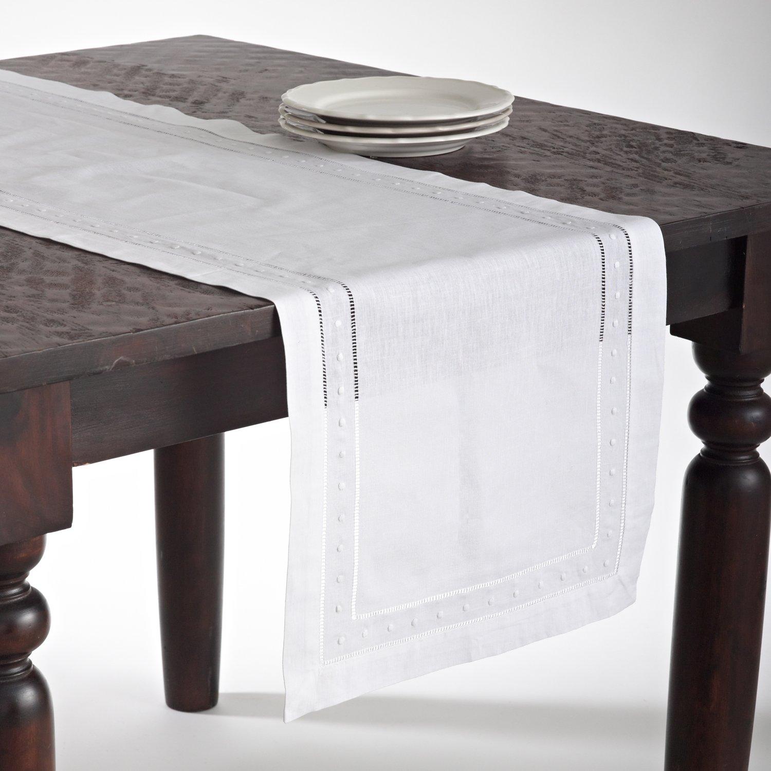 Saro Lifestyle Embroidered and Hemstitch Runner, White, 16" x 54"