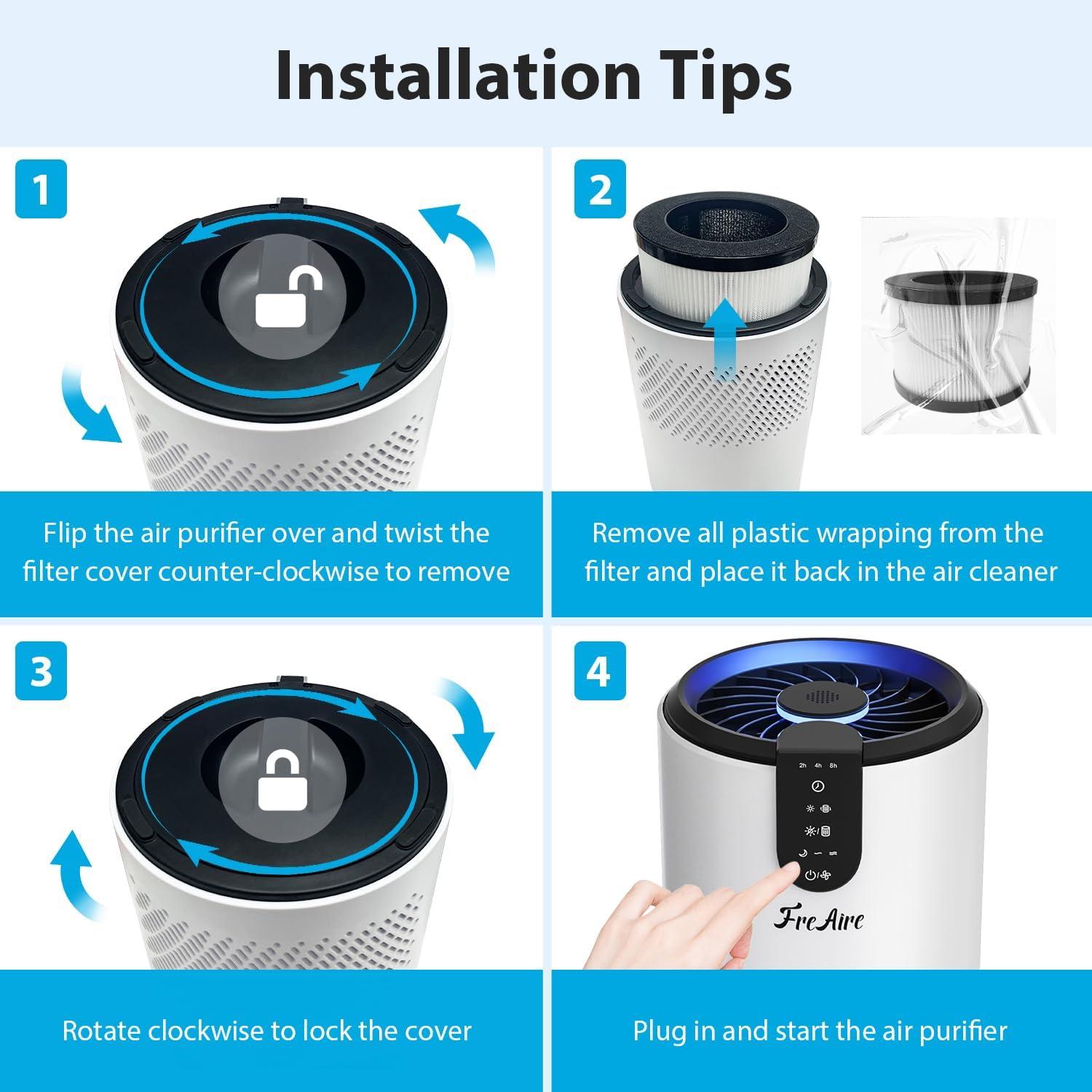 FreAire Air Purifiers for Home, Air Purifier for Bedroom Up to 538 Ft²/h, Room air purifier with 3-in-1 Filter for Dust Dander Odors Smoke, Small Air Purifier with Timer, Sleep Mode for Office Bedroom