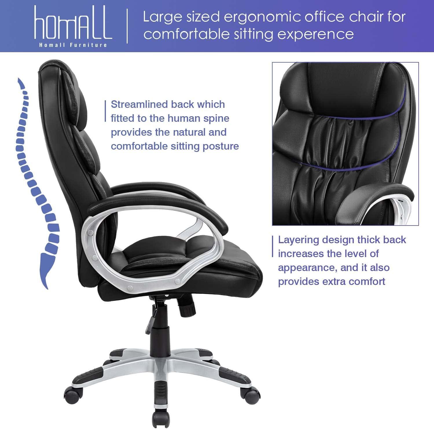 Office Chair High Back Computer Desk Chair, PU Leather Adjustable Height Modern Executive Swivel Task Chair with Padded Armrests and Lumbar Support (Black)