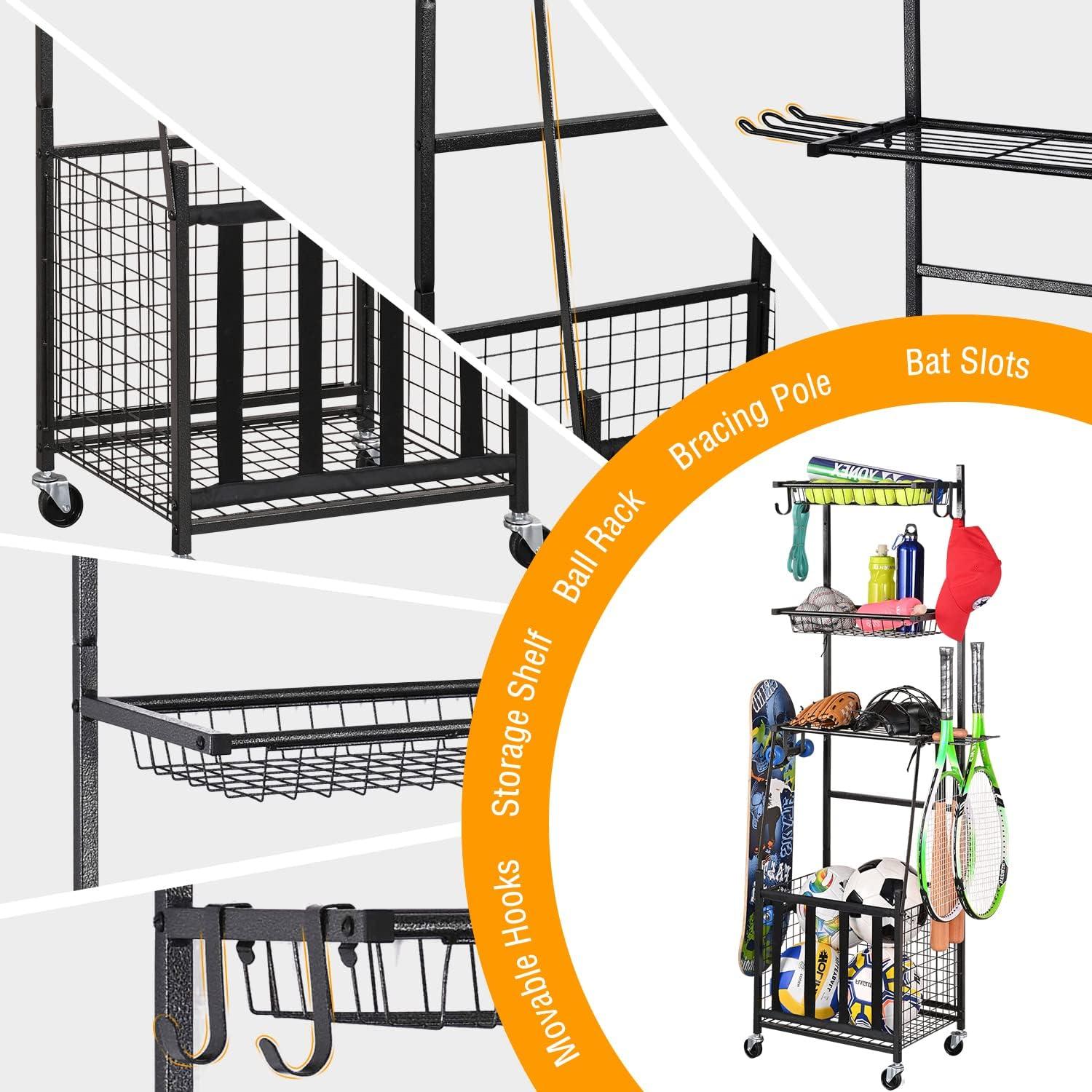 Black Steel Rolling Sports Gear Storage Rack with Mesh Shelves