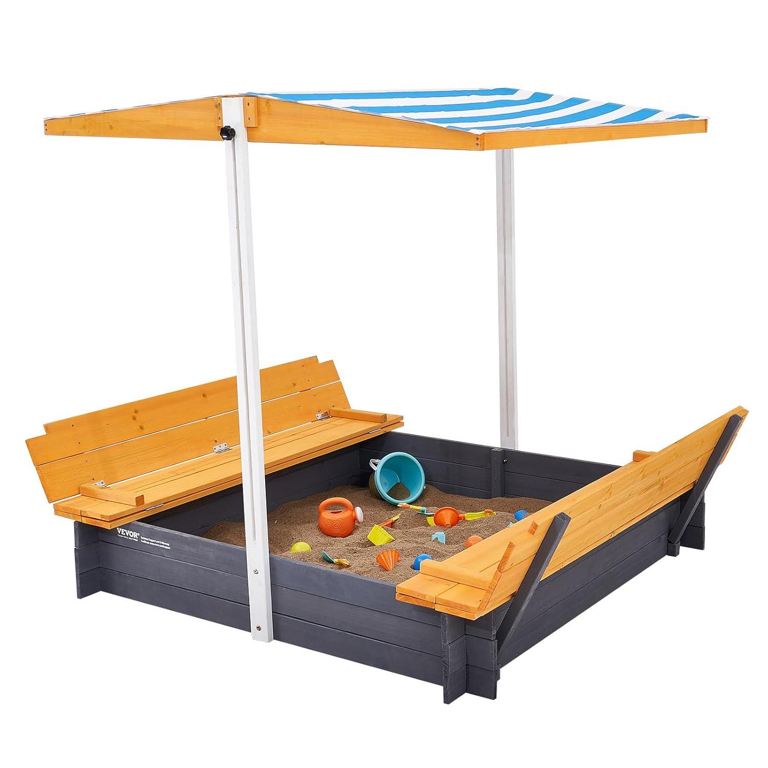 VEVOR Wooden Sandbox with Canopy, Sandpit with Foldable Bench Seats and Bottom Liner, Height Adjustable Roof, Gift for Ages 3-12 Years Old Backyard Garden Easy Assembly (57.3 x 47.2 x 47.2in)