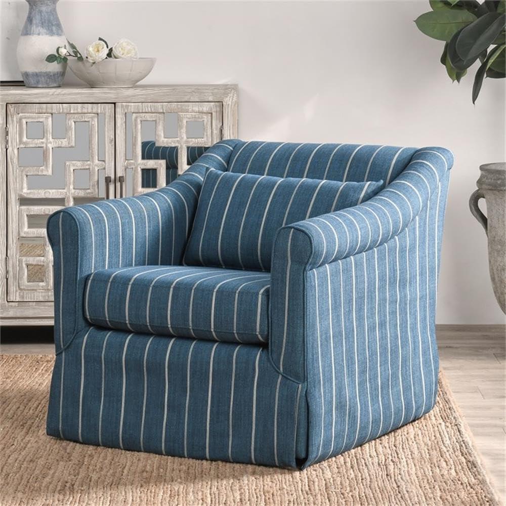 Blue Striped Linen Swivel Accent Chair with Rolled Arms