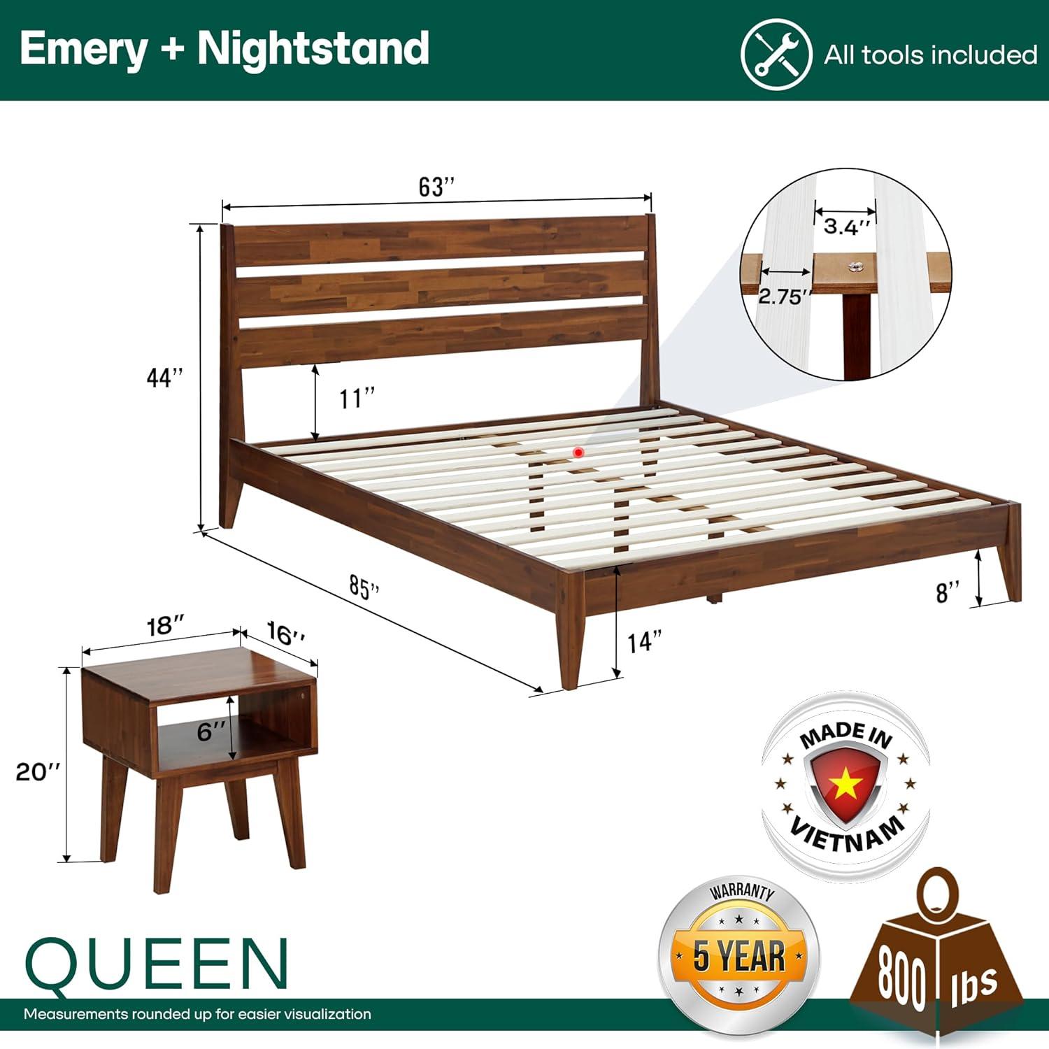 Acacia Emery 2-Pcs Bedroom Set – Solid Wood Platform Bed Frame & Matching Nightstand, Mid-Century Modern Farmhouse, 800 lbs Capacity, No Box Spring Needed